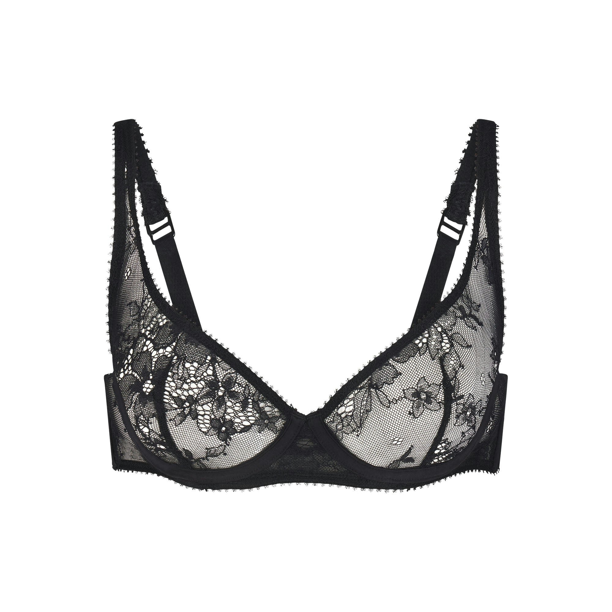 ULTRA FINE LACE SCOOP BRA | ONYX (SCOOP BRAS) LAYS FLAT ON A WHITE BACKGROUND | FLT
