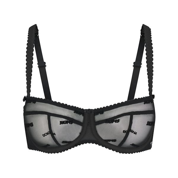 DOLCE&GABBANA X SKIMS ULTRA FINE MESH LOGO BALCONETTE BRA | ONYX (BALCONETTE BRAS) FLAT ON A WHITE BACKGROUND | FLT