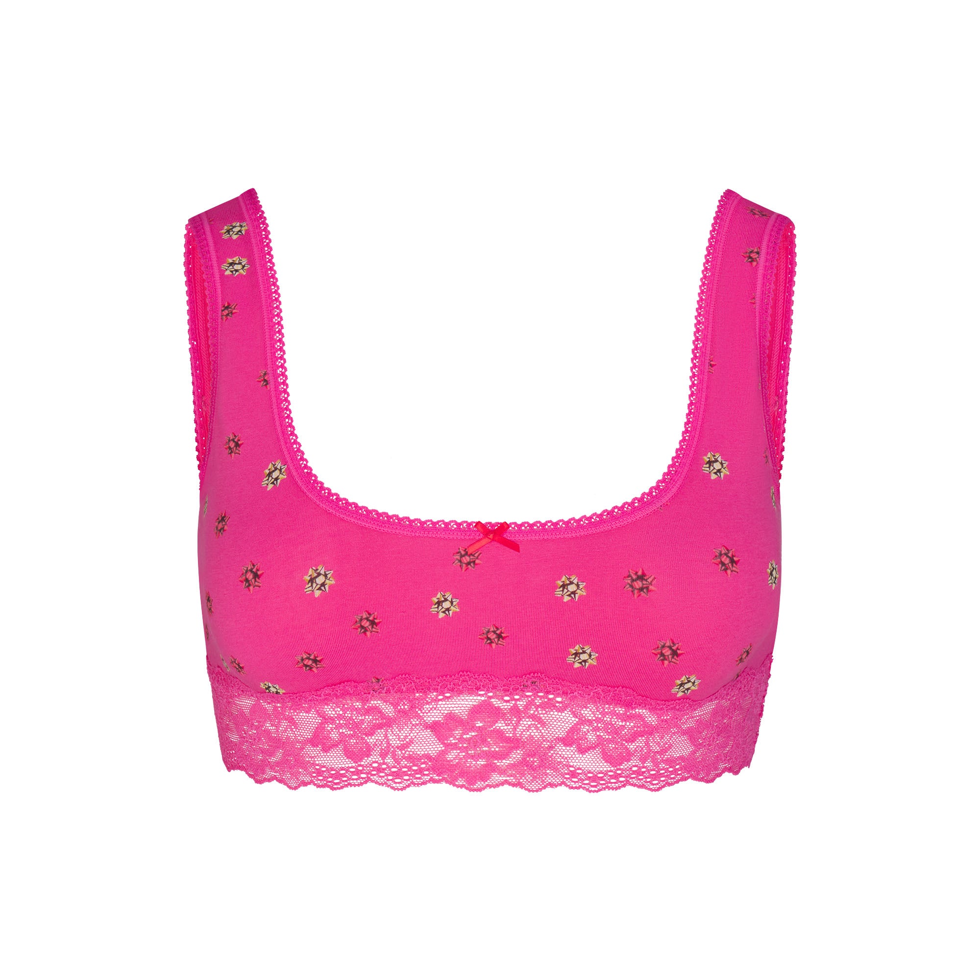 LIGHTWEIGHT COTTON LACE SCOOP BRALETTE | HOT PINK MINI GIFT BOWS FLAT ON A WHITE BACKGROUND | FLT