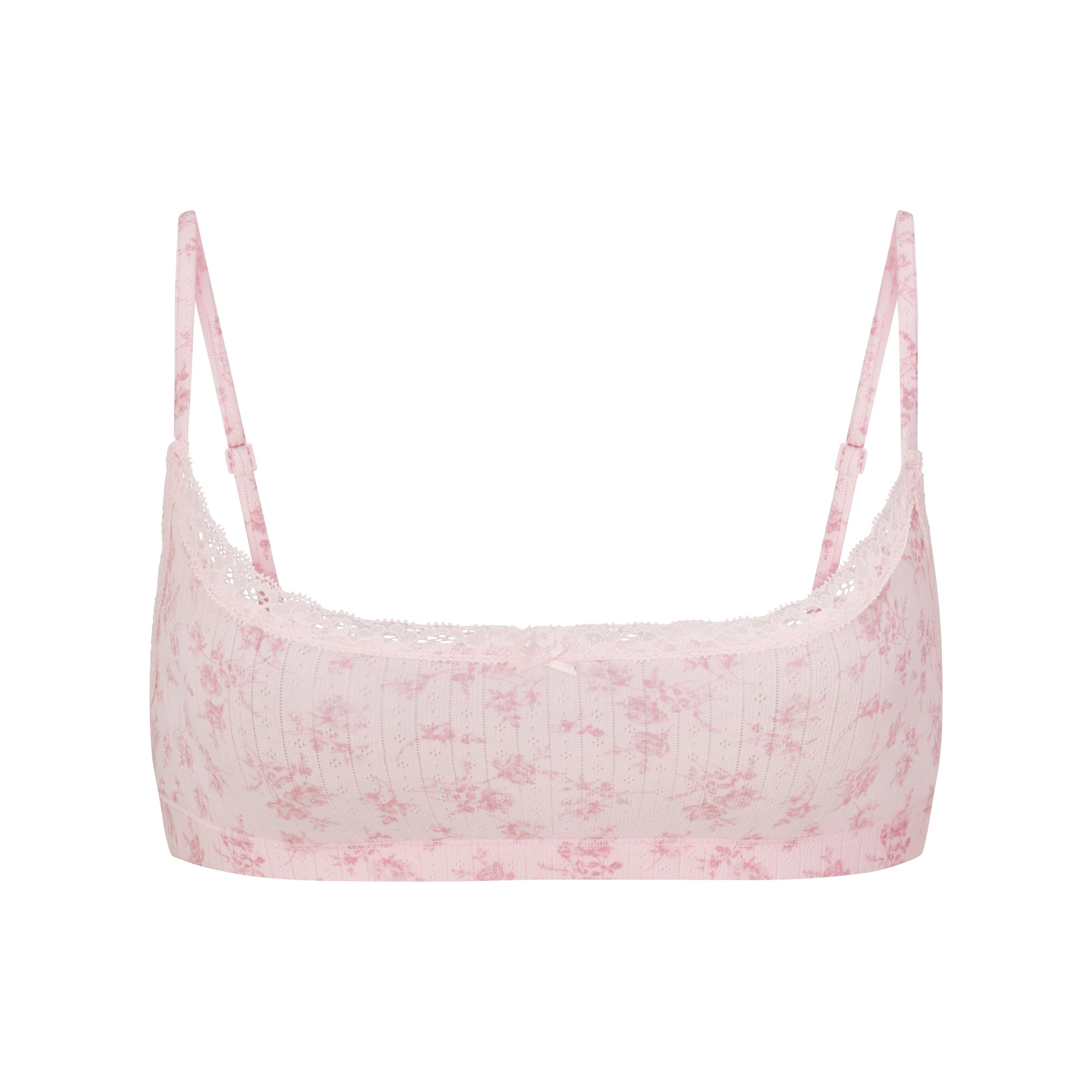 LIGHTWEIGHT COTTON POINTELLE SCOOP BRALETTE | BLOOM DAINTY FLORAL FLAT ON A WHITE BACKGROUND | FLT