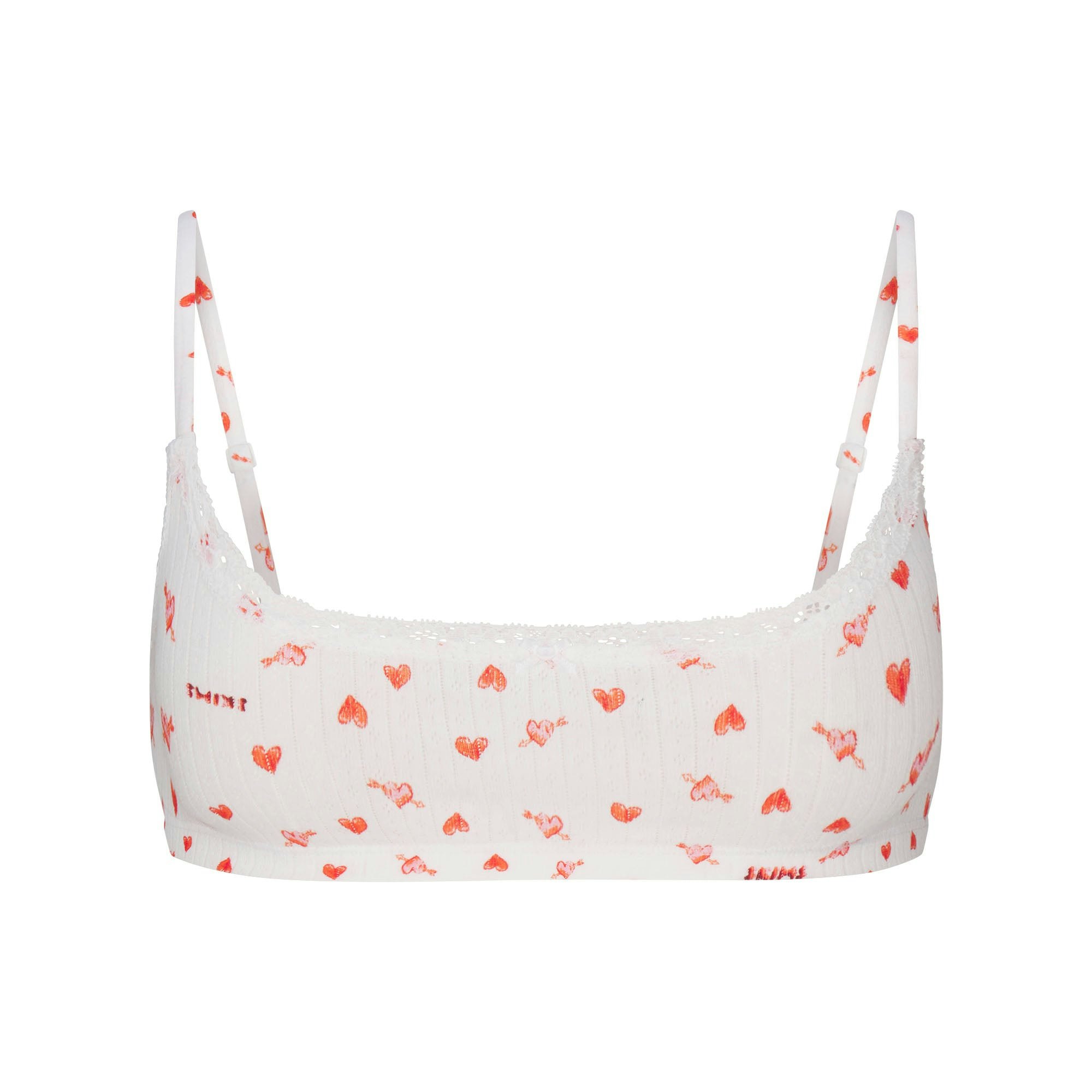 LIGHTWEIGHT COTTON POINTELLE SCOOP BRALETTE | SNOW ARROWED HEARTS FLAT ON A WHITE BACKGROUND | FLT