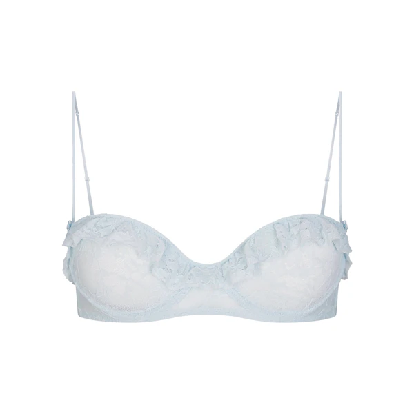 STRETCH LACE RUFFLE UNLINED BRA | POWDER BLUE FLAT ON A WHITE BACKGROUND | FLT @ | FOCUS: 0.0, 1.0, 0.9