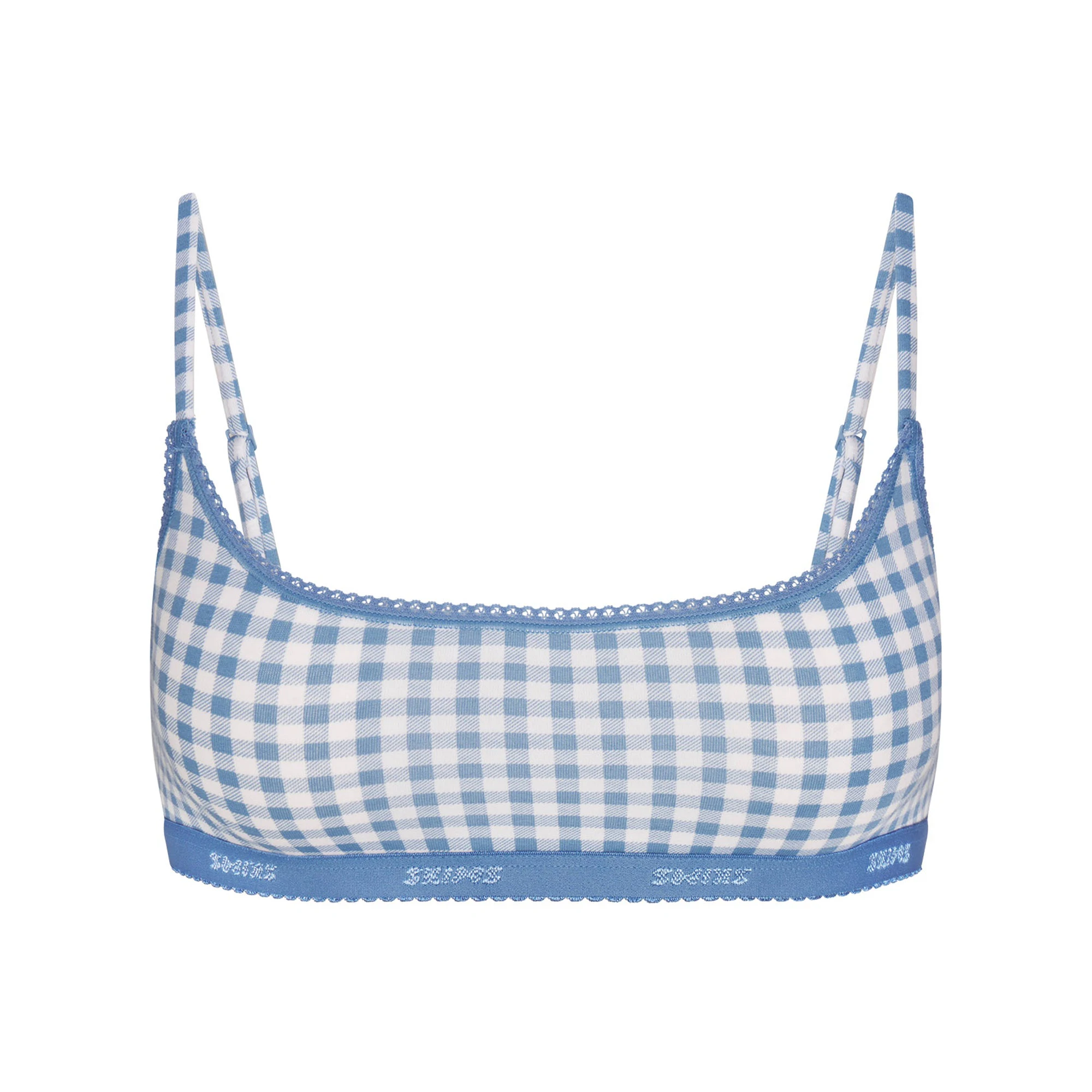 LIGHTWEIGHT COTTON LOGO PICOT SCOOP BRALETTE | ARCTIC GINGHAM FLAT ON A WHITE BACKGROUND | FLT