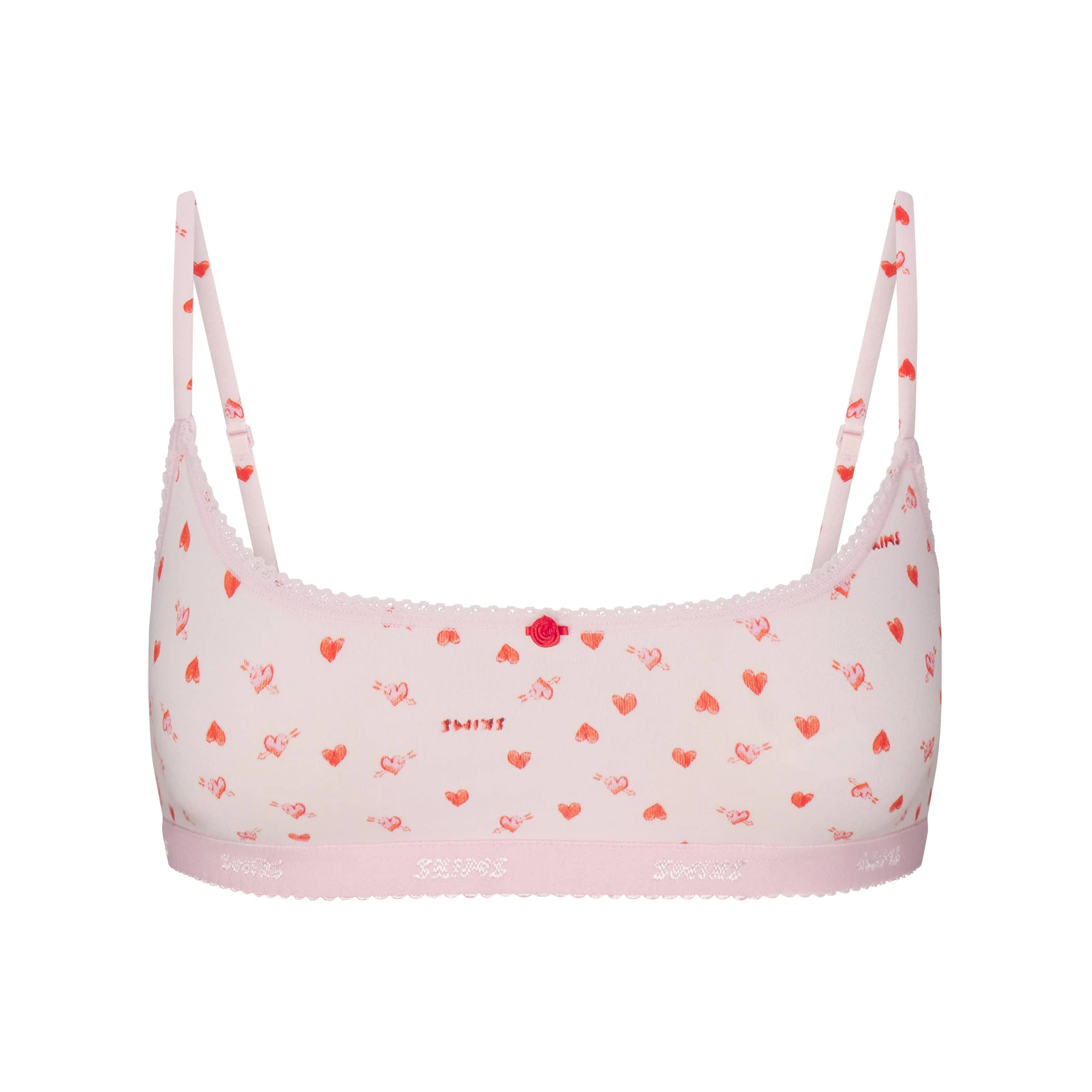 LIGHTWEIGHT COTTON LOGO PICOT SCOOP BRALETTE | BABY PINK ARROWED HEARTS LAYS FLAT ON A WHITE BACKGROUND | FLT 
