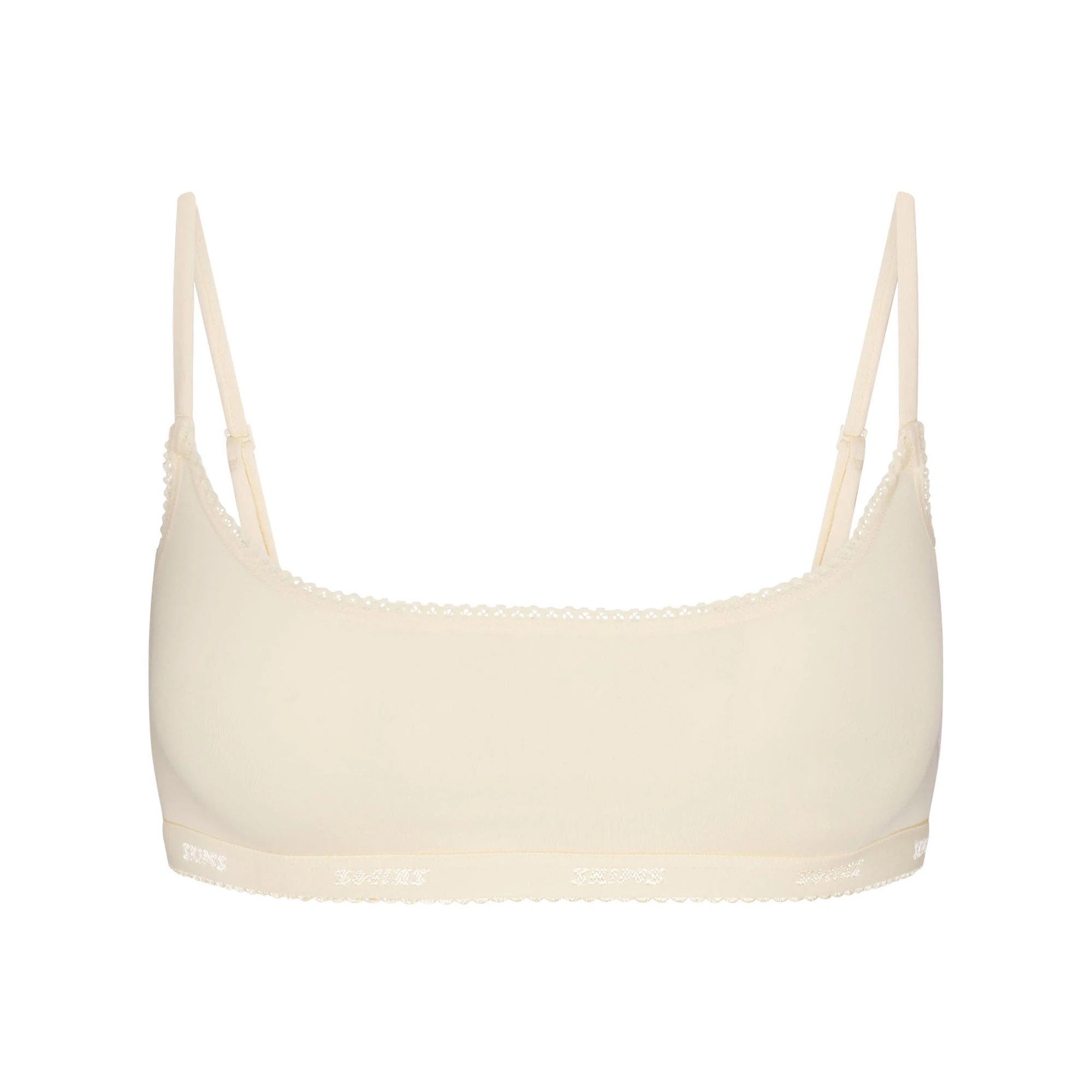 LIGHTWEIGHT COTTON LOGO PICOT SCOOP BRALETTE | BUTTER TONAL FLAT ON A WHITE BACKGROUND | FLT