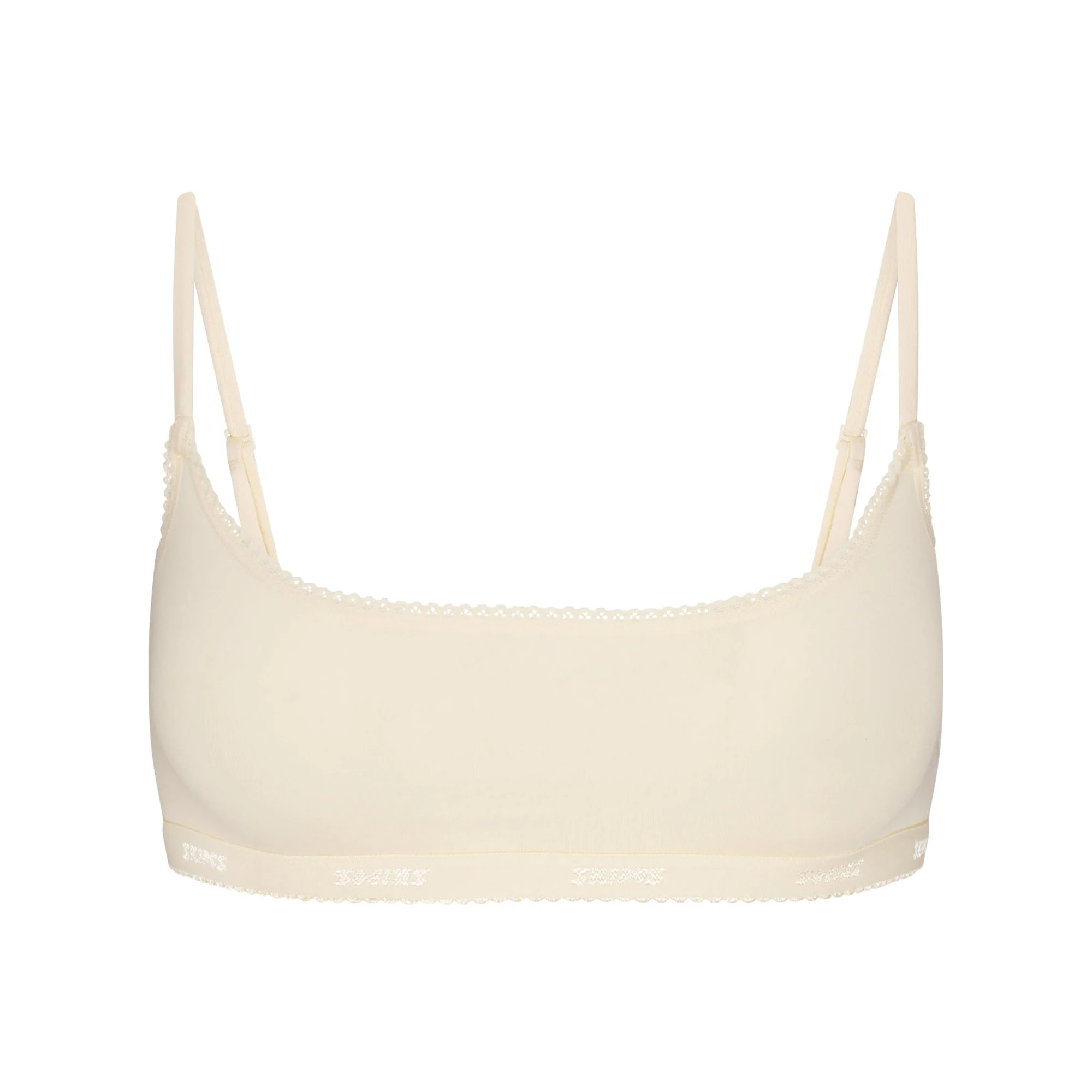 LIGHTWEIGHT COTTON LOGO PICOT SCOOP BRALETTE | BUTTER TONAL FLAT ON A WHITE BACKGROUND | FLT