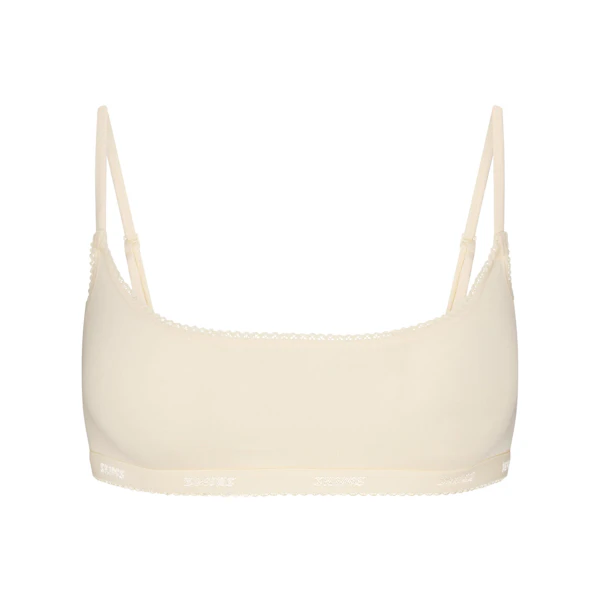 LIGHTWEIGHT COTTON LOGO PICOT SCOOP BRALETTE | BUTTER TONAL FLAT ON A WHITE BACKGROUND | FLT