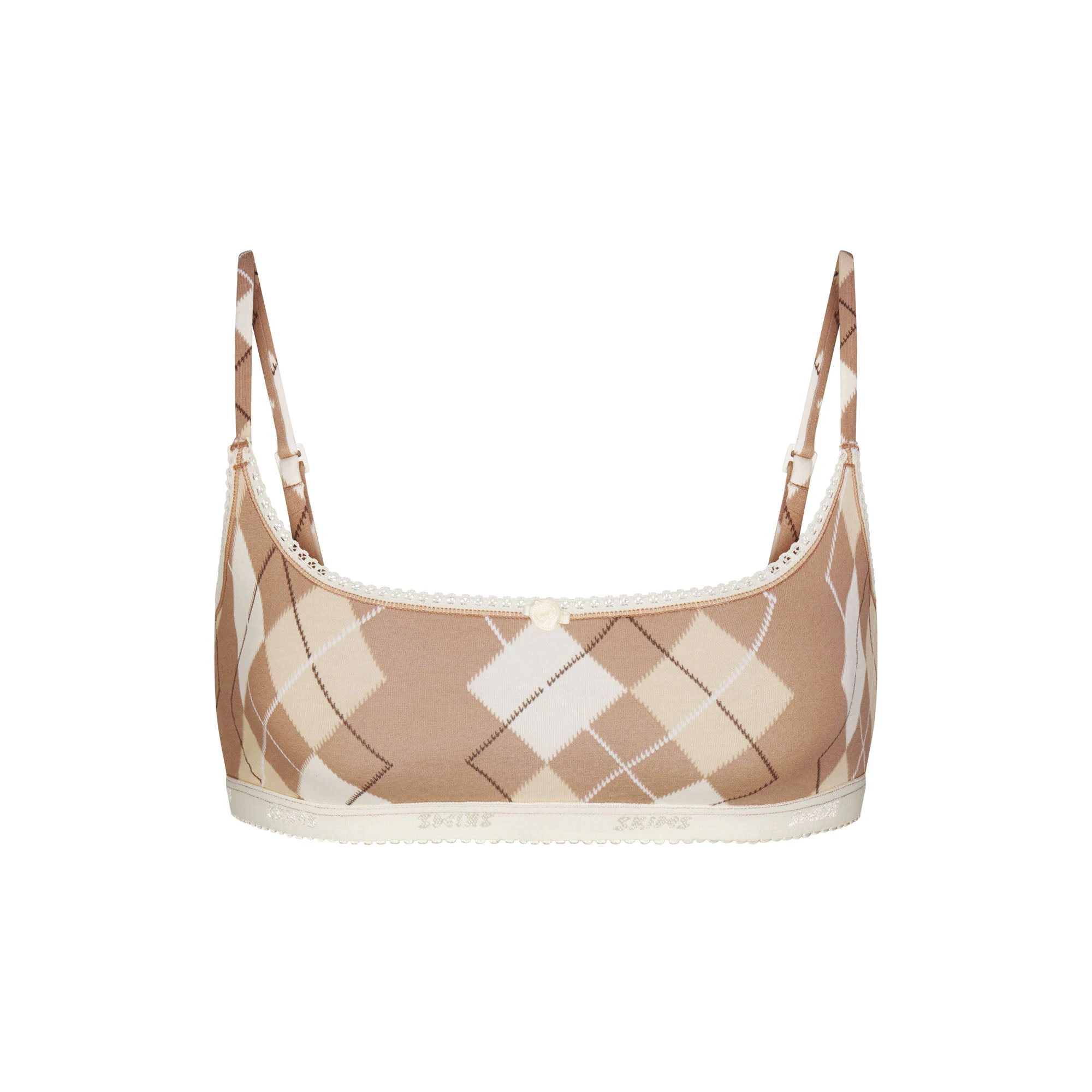 LIGHTWEIGHT COTTON LOGO PICOT SCOOP BRALETTE | CAFE ARGYLE PRINT & LAYS FLAT ON A WHITE BACKGROUND | FLT