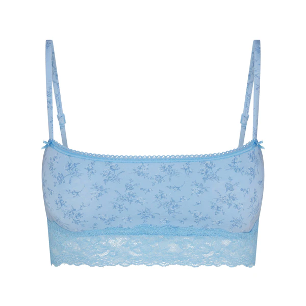 LIGHTWEIGHT COTTON STRAIGHT NECK BRALETTE | SURF DAINTY FLORAL PRINT FLAT ON A WHITE BACKGROUND | FLT