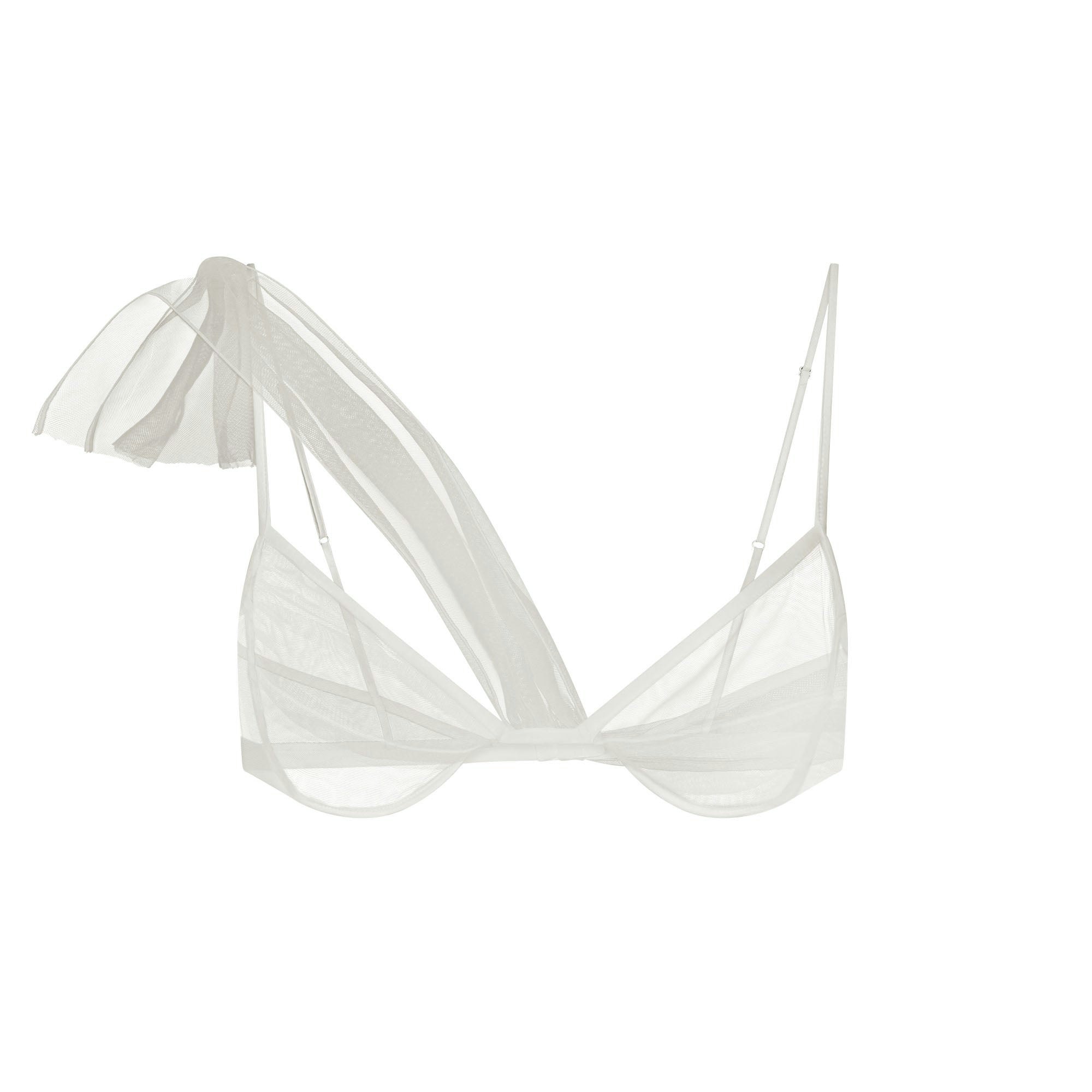 ULTRA FINE MESH DRAPED BRA | IVORY LAYS FLAT ON A WHITE BACKGROUND | FLT 