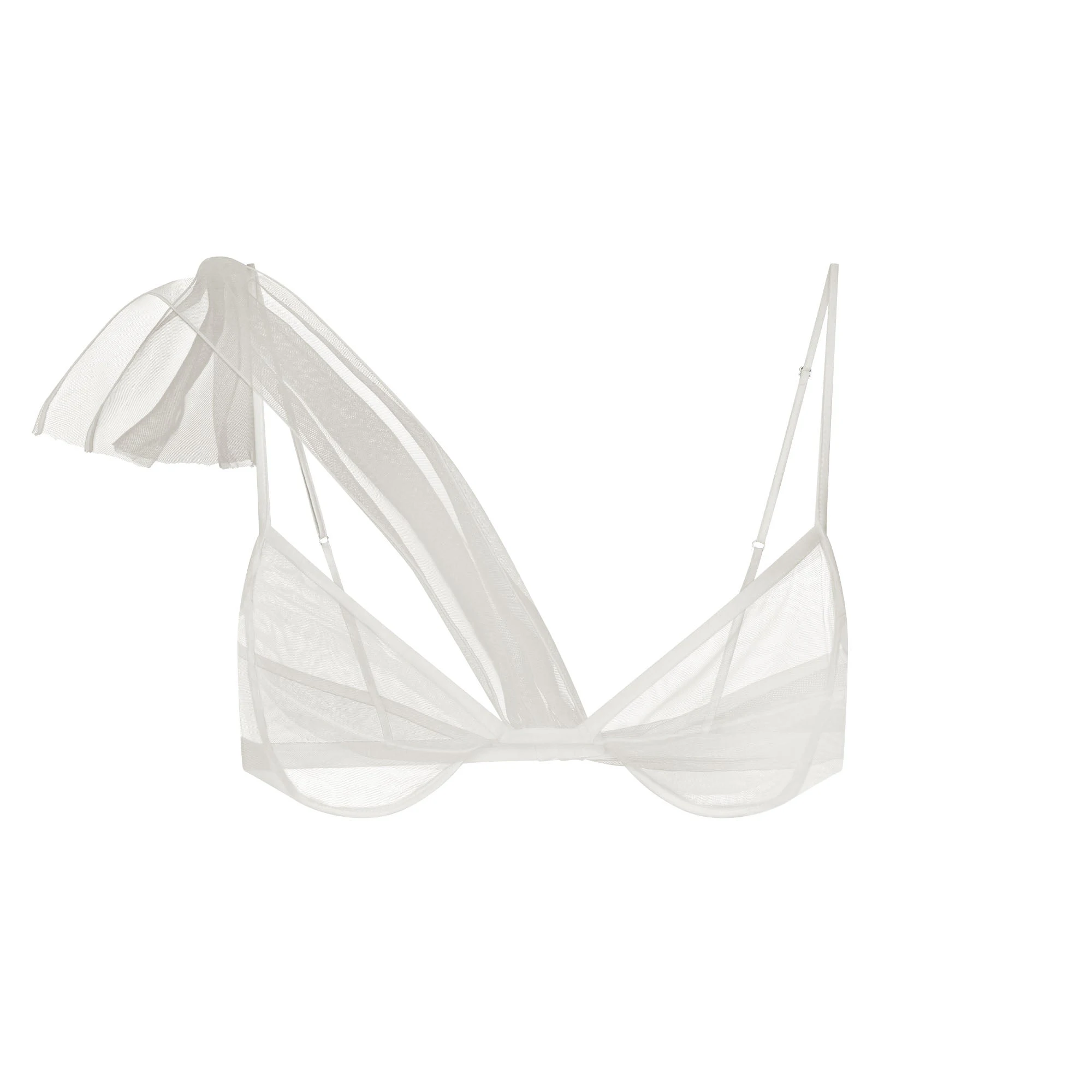 ULTRA FINE MESH DRAPED BRA | IVORY LAYS FLAT ON A WHITE BACKGROUND | FLT