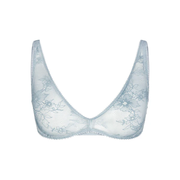ULTRA FINE LACE PLUNGE BRALETTE | DENIM (PLUNGE BRALETTES) LAYS FLAT ON A WHITE BACKGROUND | FLT