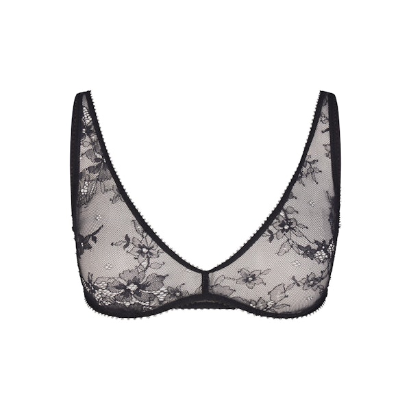 ULTRA FINE LACE PLUNGE BRALETTE | ONYX (PLUNGE BRALETTES) LAYS FLAT ON A WHITE BACKGROUND | FLT