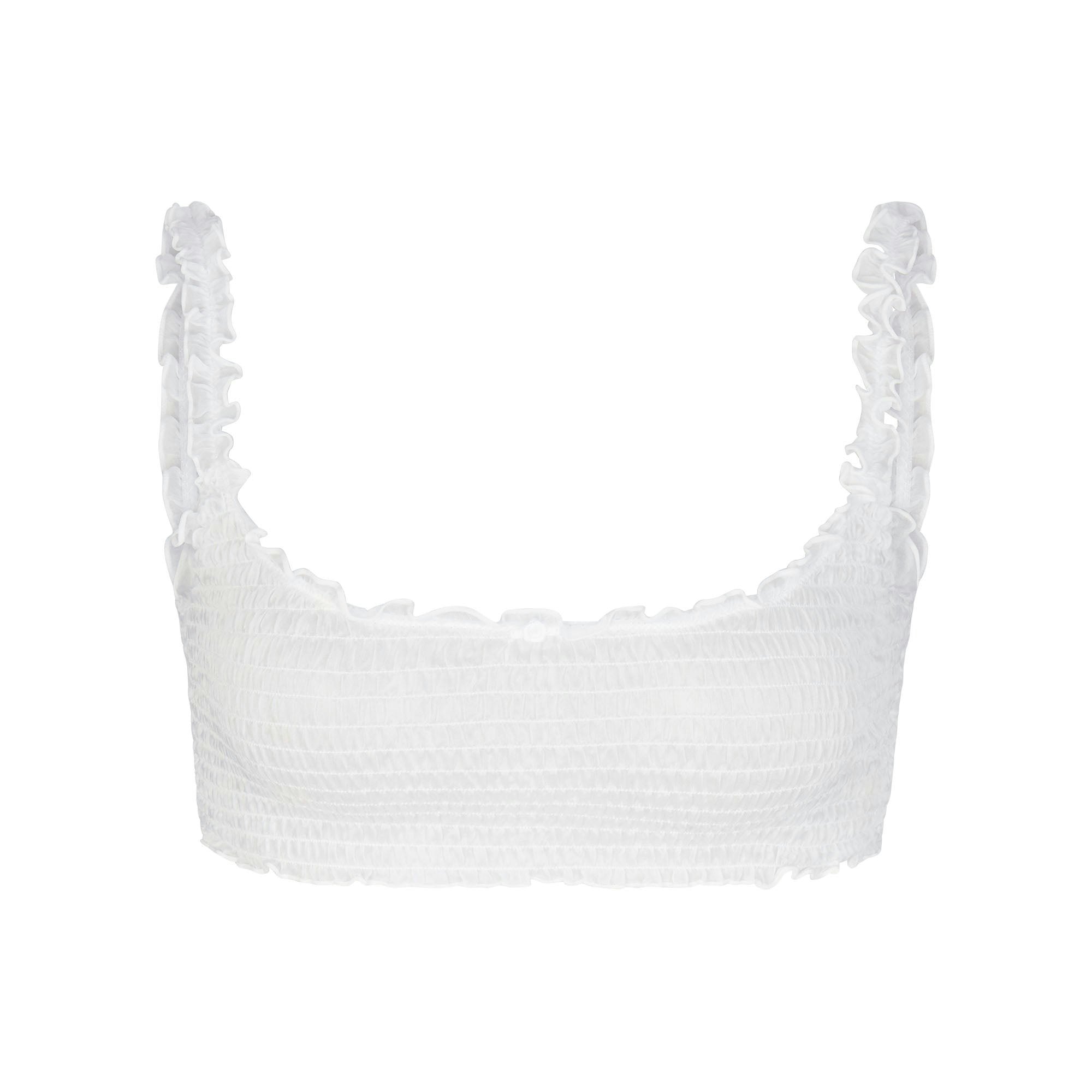 SKIMS ROMANCE SMOCKED BRALETTE | SNOW (SCOOP BRALETTES) LAYS FLAT ON A WHITE BACKGROUND
