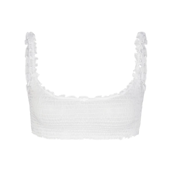 SKIMS ROMANCE SMOCKED BRALETTE | SNOW (SCOOP BRALETTES) LAYS FLAT ON A WHITE BACKGROUND