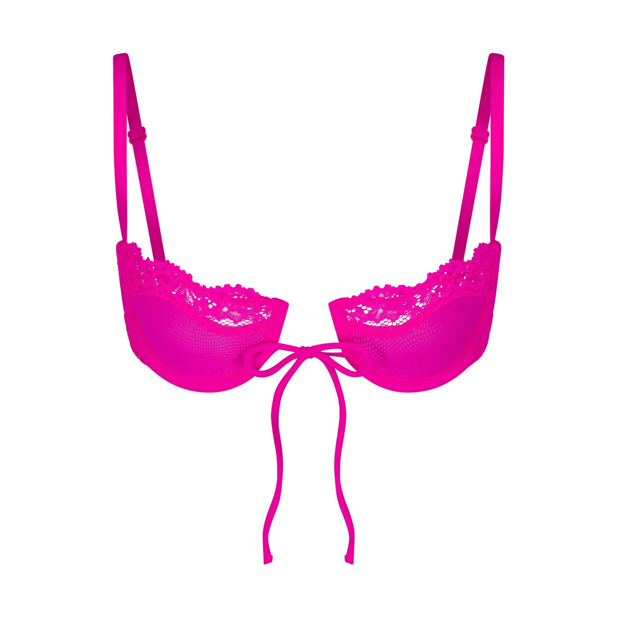 SUMMER MESH LACE BALCONETTE BRA | FUCHSIA (BALCONETTE BRAS) LAYS FLAT ON A WHITE BACKGROUND | FLT