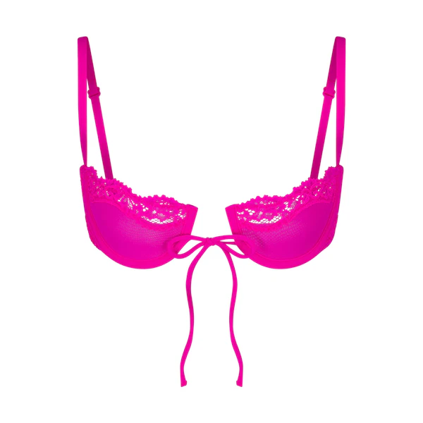 SUMMER MESH LACE BALCONETTE BRA | FUCHSIA (BALCONETTE BRAS) LAYS FLAT ON A WHITE BACKGROUND | FLT