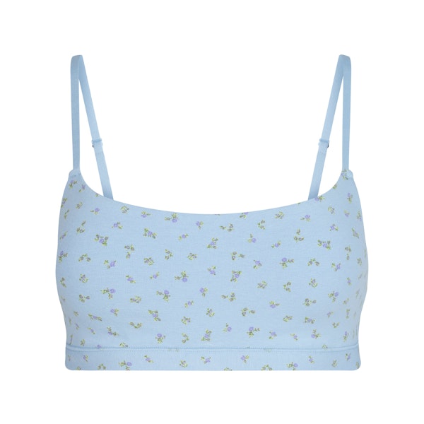COTTON JERSEY SCOOP BRALETTE | POWDER BLUE MICRO FLORAL FLAT ON A WHITE BACKGROUND | FLT