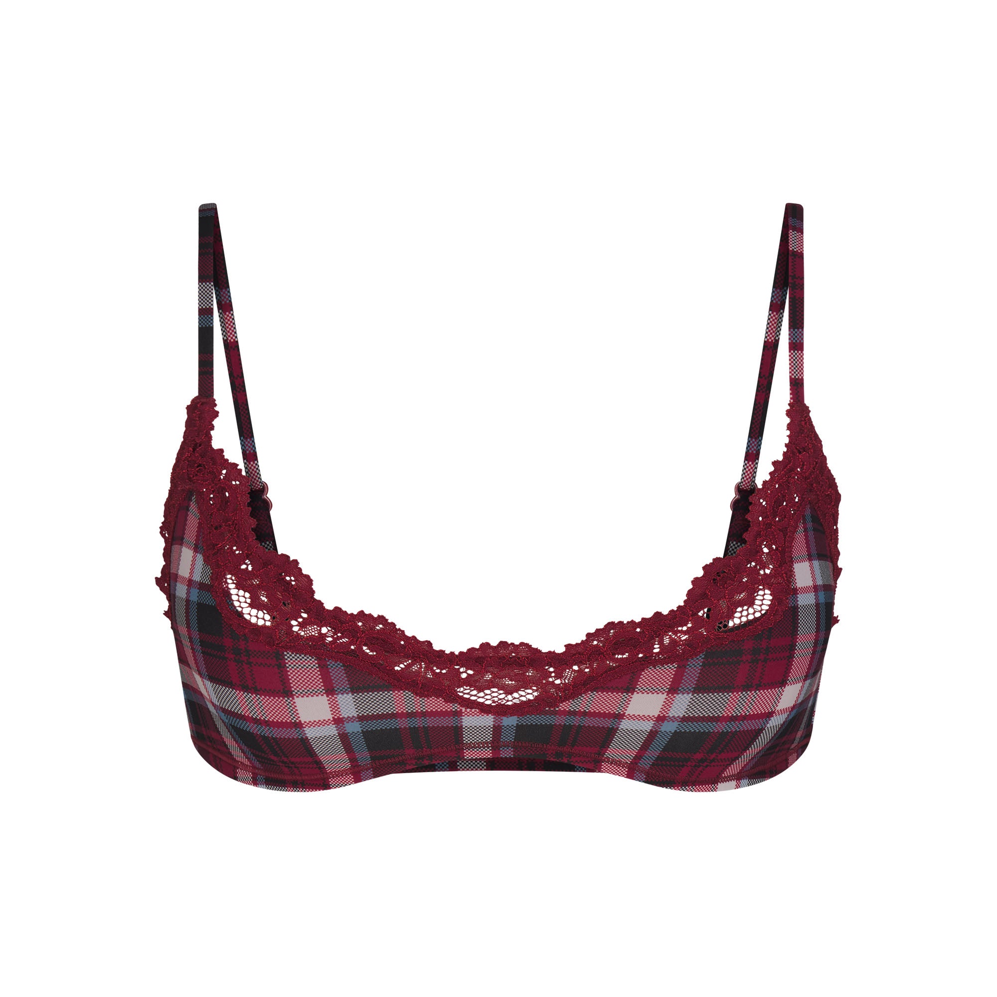 FITS EVERYBODY LACE SCOOP BRALETTE | DARK CARDINAL QUARTZ PLAID FLAT ON A WHITE BACKGROUND | FLT