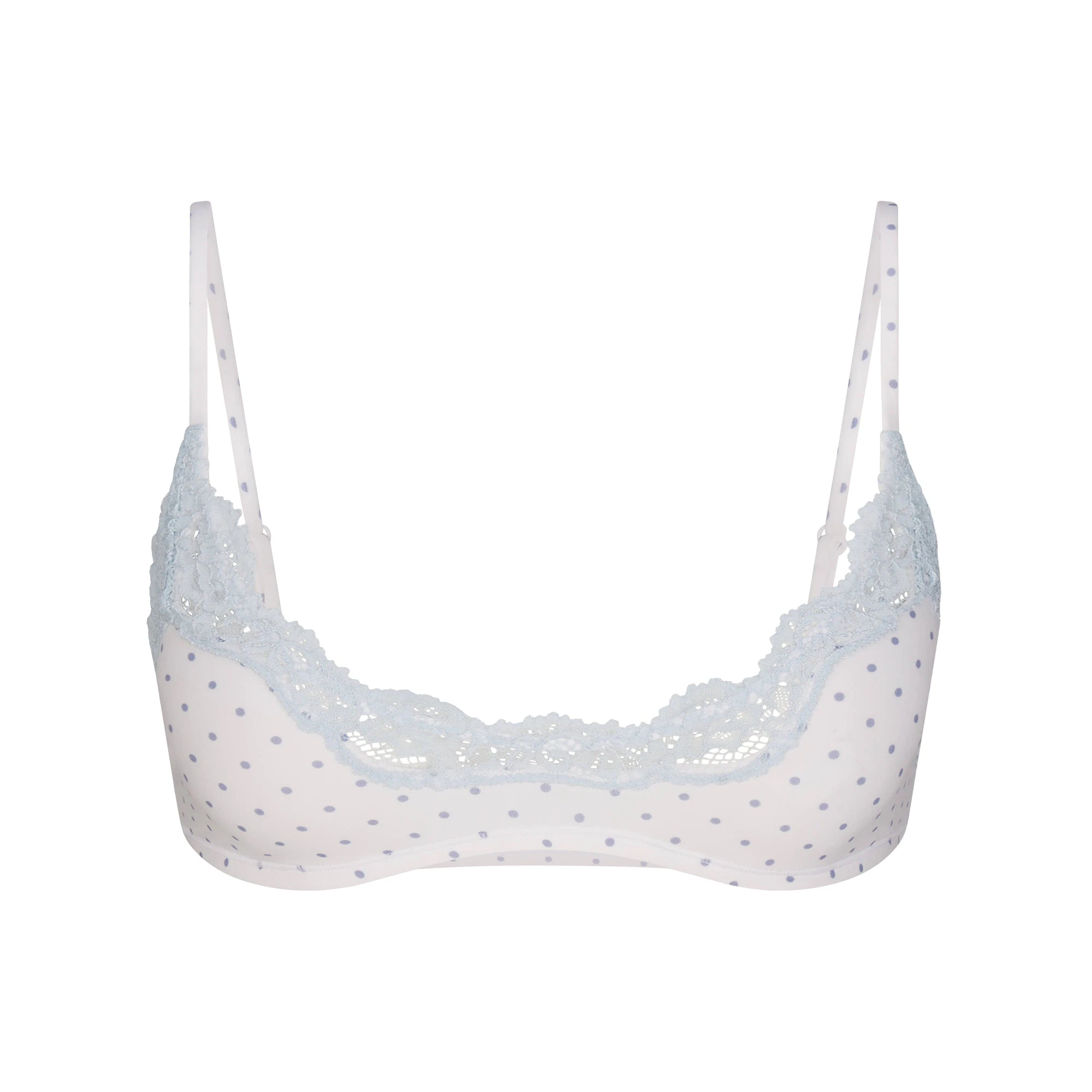 FITS EVERYBODY LACE SCOOP BRALETTE | SLATE PIN DOT PRINT FLAT ON A WHITE BACKGROUND | FLT