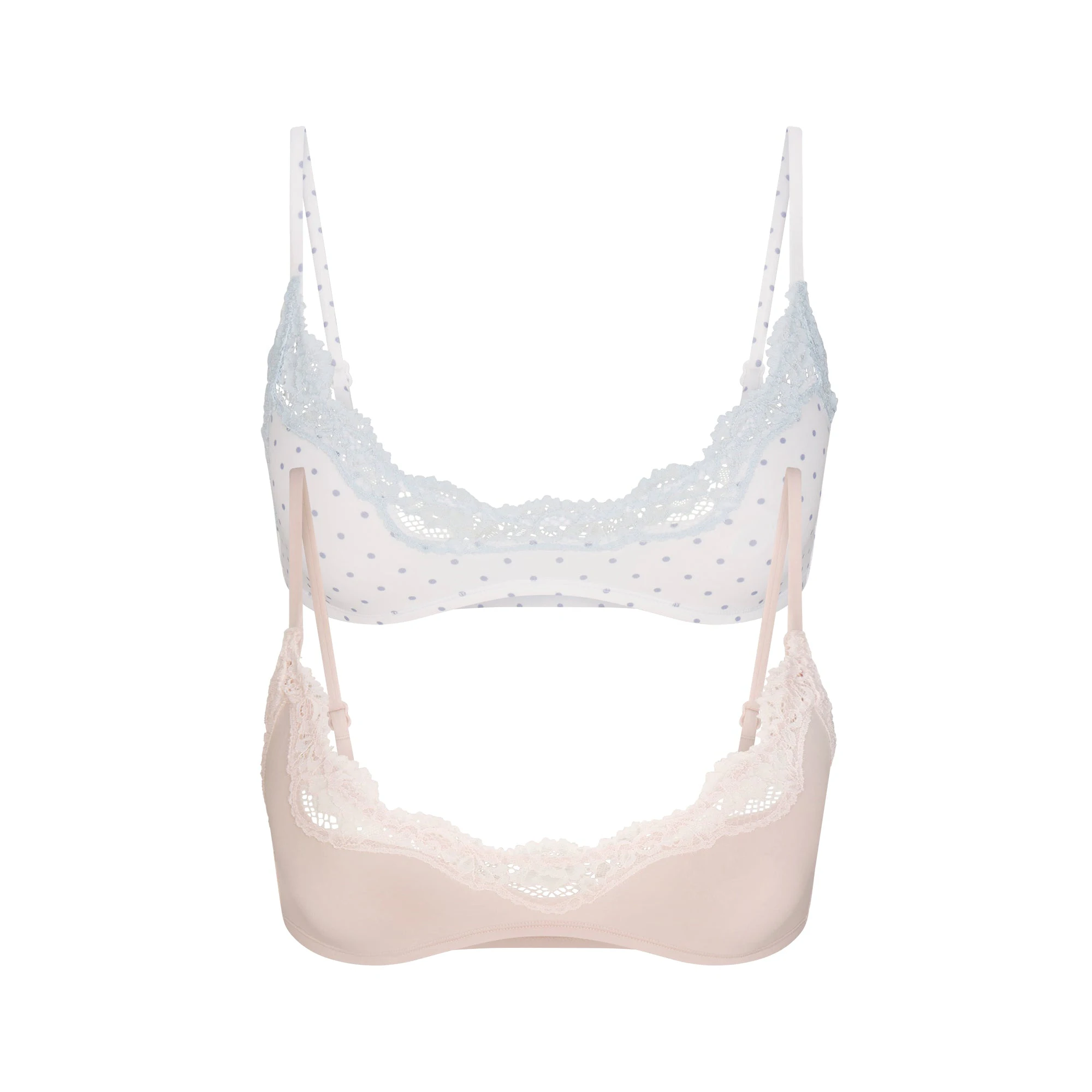 FITS EVERYBODY LACE SCOOP BRALETTE 2-PACK | DUSTY PINK AND PIN DOT FLAT ON A WHITE BACKGROUND | FLT @ | FOCUS: 0.0, 1.0, 0.9