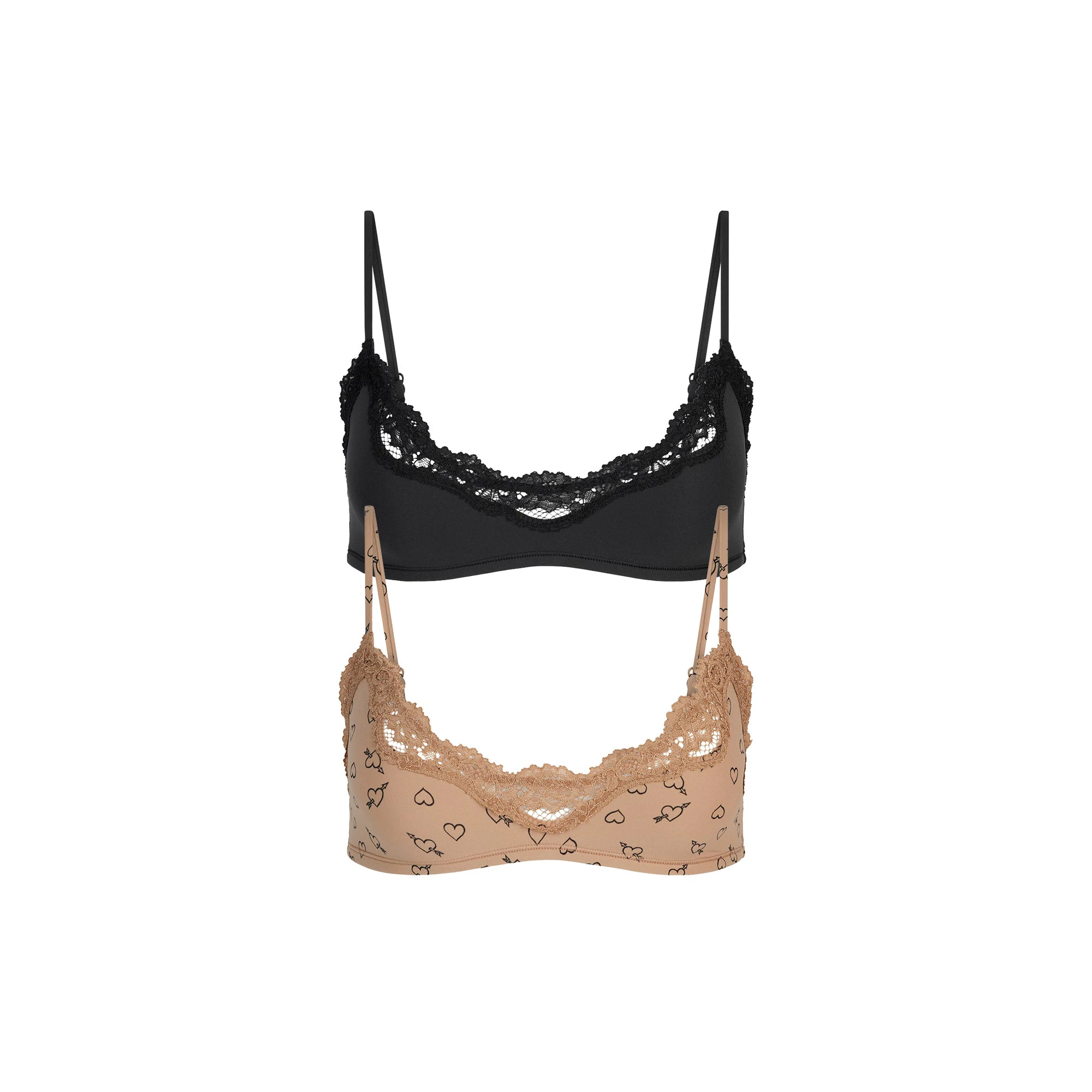 FITS EVERYBODY LACE SCOOP BRALETTE 2-PACK | ONYX AND SKETCHED HEARTS FLAT ON A WHITE BACKGROUND | FLT