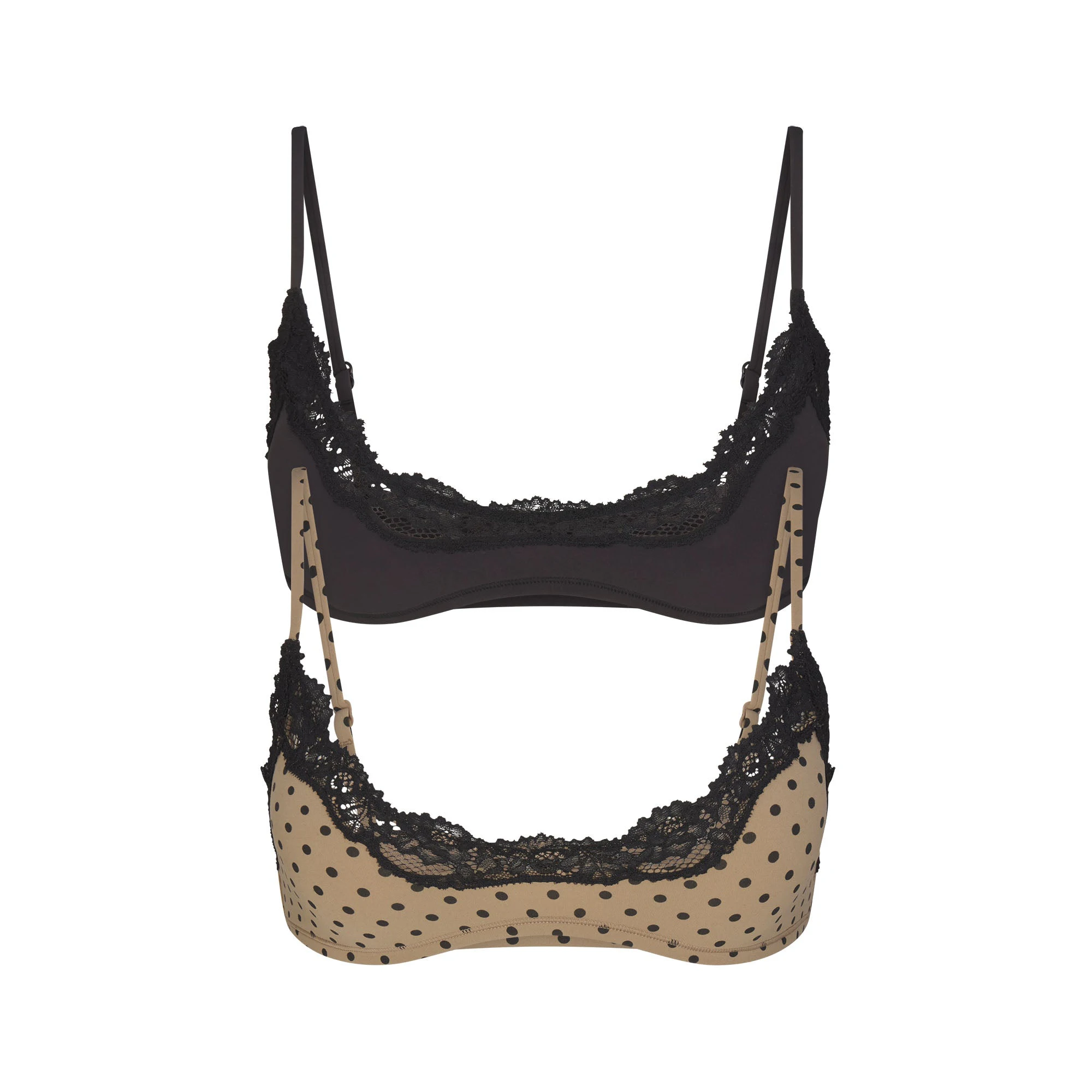 FITS EVERYBODY LACE SCOOP BRALETTE 2-PACK | MINI POLKA DOT AND ONYX & LAYS FLAT ON A WHITE BACKGROUND | FLT