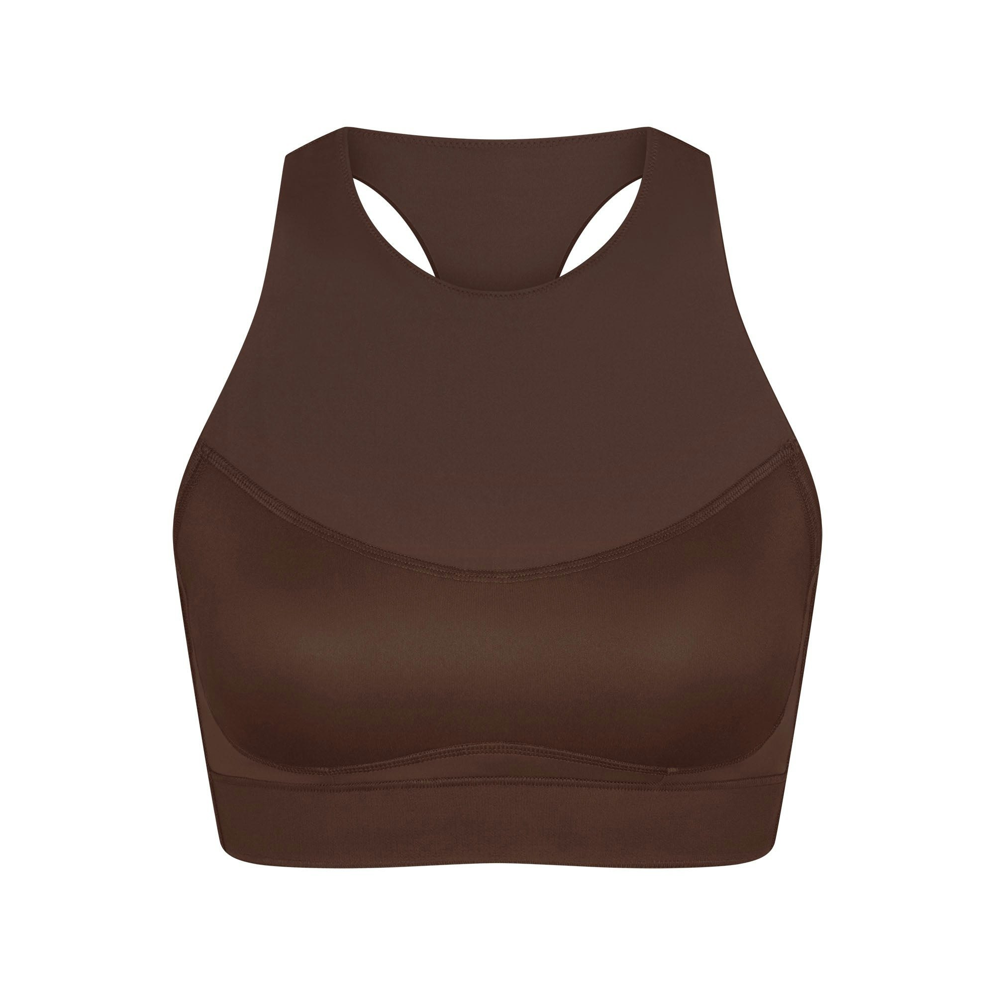 NikeSKIMS MATTE HIGH NECK BRA | DARK SEPIA FLAT ON A WHITE BACKGROUND | FLT