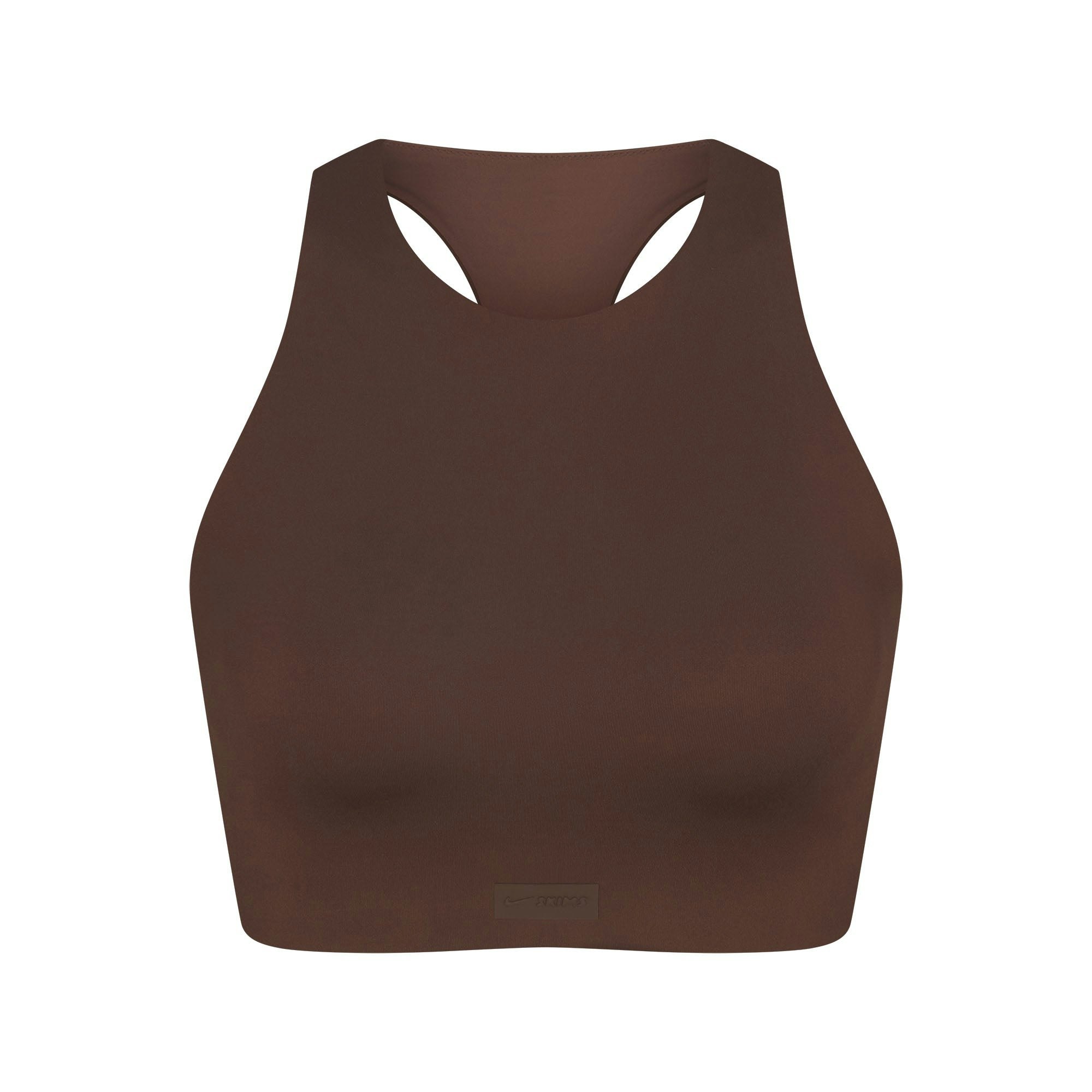 NikeSKIMS MATTE HIGH NECK BRA | DARK SEPIA FLAT ON A WHITE BACKGROUND | FLT