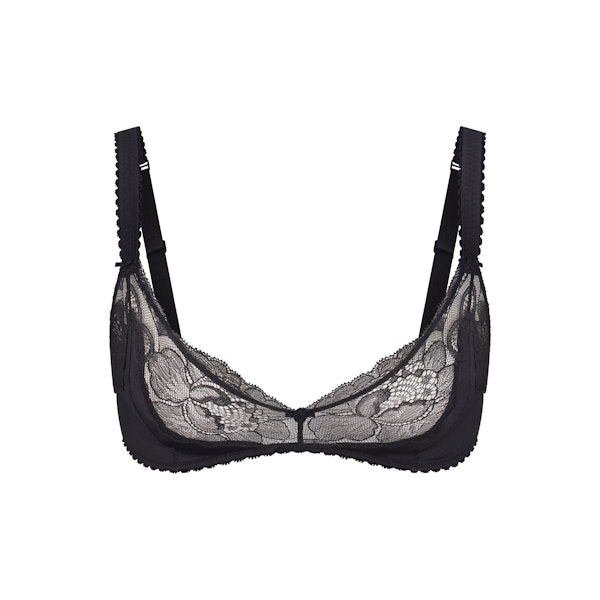 STRETCH SATIN LACE TRIANGLE BRALETTE | ONYX (TRIANGLE BRALETTES) LAYS FLAT ON A WHITE BACKGROUND | FLT