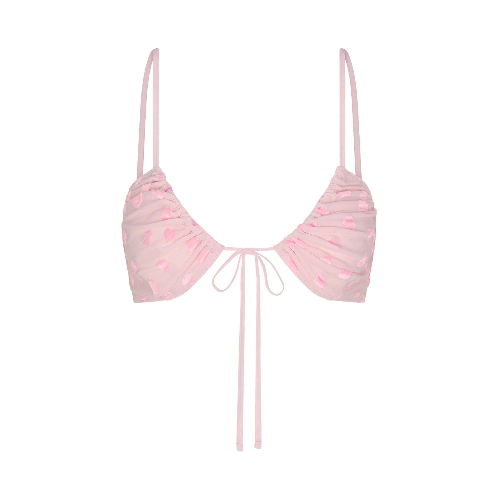 SHEER VELVET TIE FRONT BRALETTE | BABY PINK LAYS FLAT ON A WHITE BACKGROUND | FLT