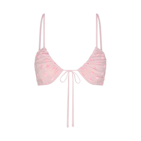 SHEER VELVET TIE FRONT BRALETTE | BABY PINK LAYS FLAT ON A WHITE BACKGROUND | FLT