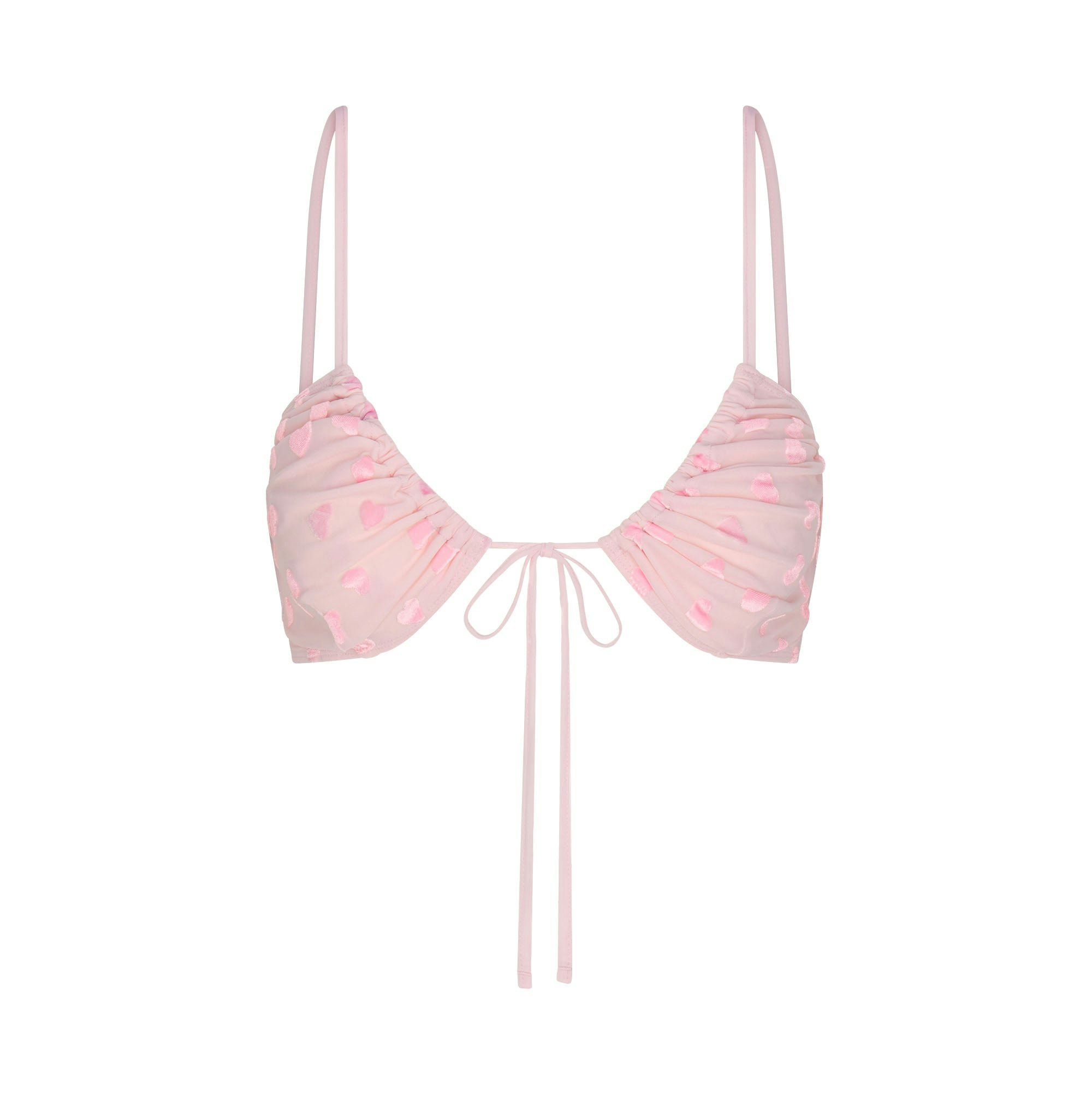 SHEER VELVET TIE FRONT BRALETTE | BABY PINK LAYS FLAT ON A WHITE BACKGROUND | FLT