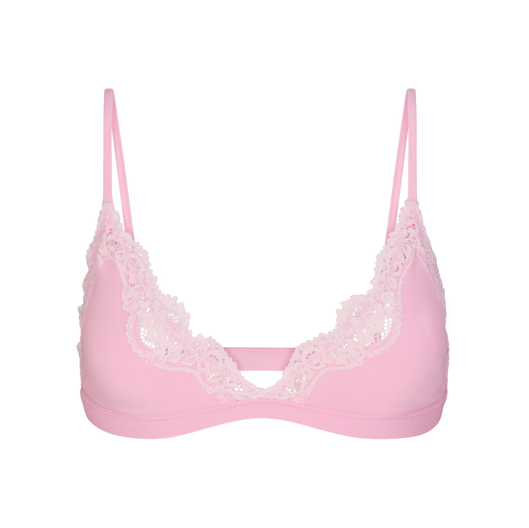 FITS EVERYBODY LACE TRIANGLE BRALETTE | BUBBLE GUM TONAL LAYS FLAT ON A WHITE BACKGROUND | FLT