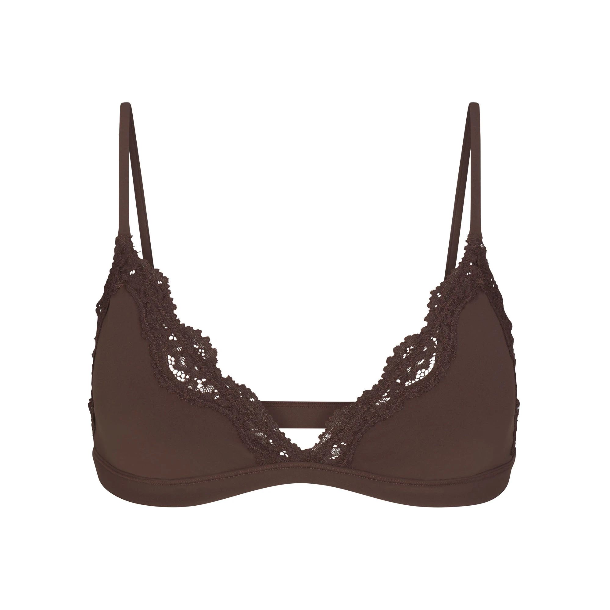 FITS EVERYBODY LACE TRIANGLE BRALETTE | ESPRESSO FLAT ON A WHITE BACKGROUND | FLT