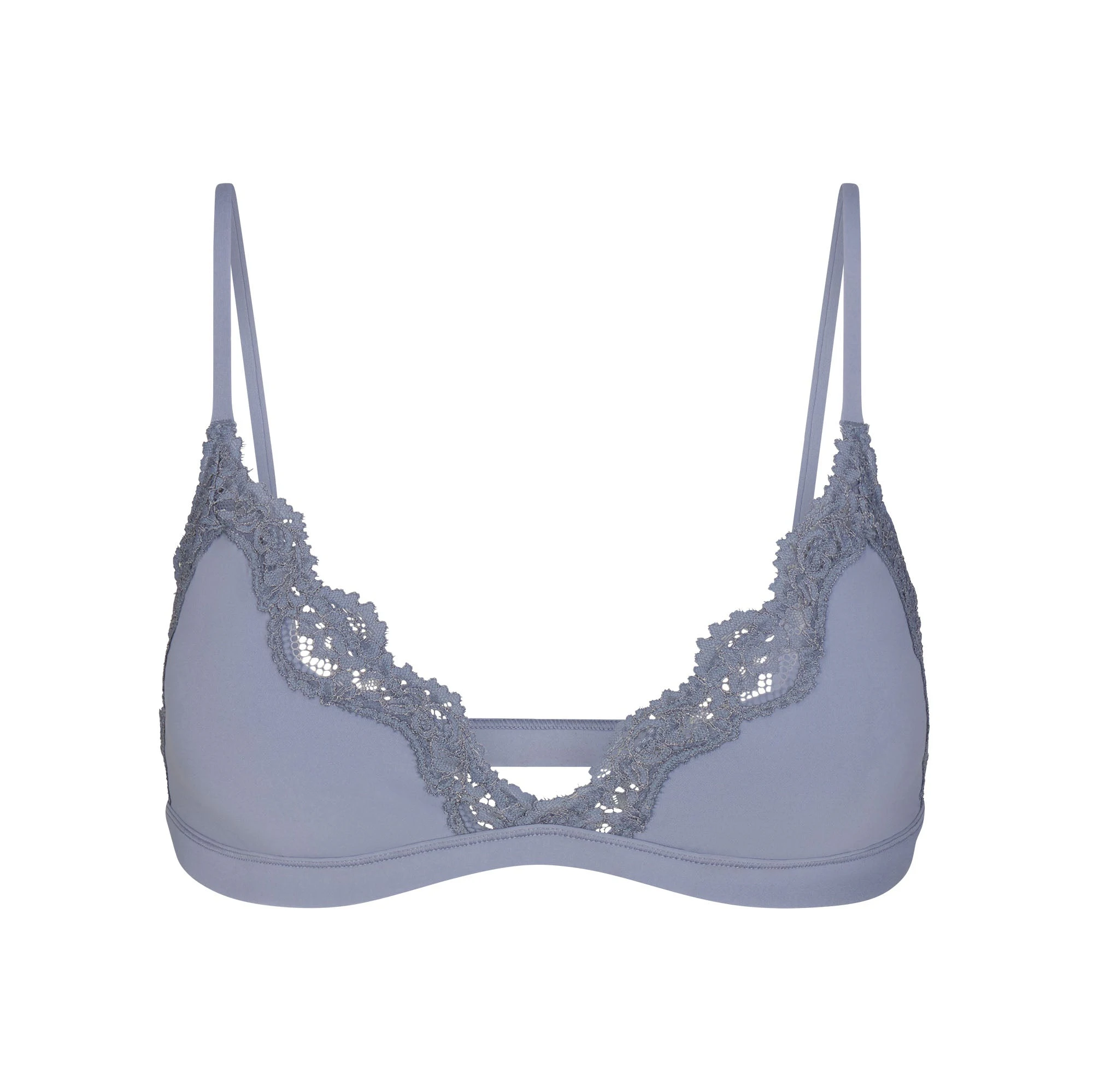 FITS EVERYBODY LACE TRIANGLE BRALETTE | SLATE TONAL & LAYS FLAT ON A WHITE BACKGROUND | FLT