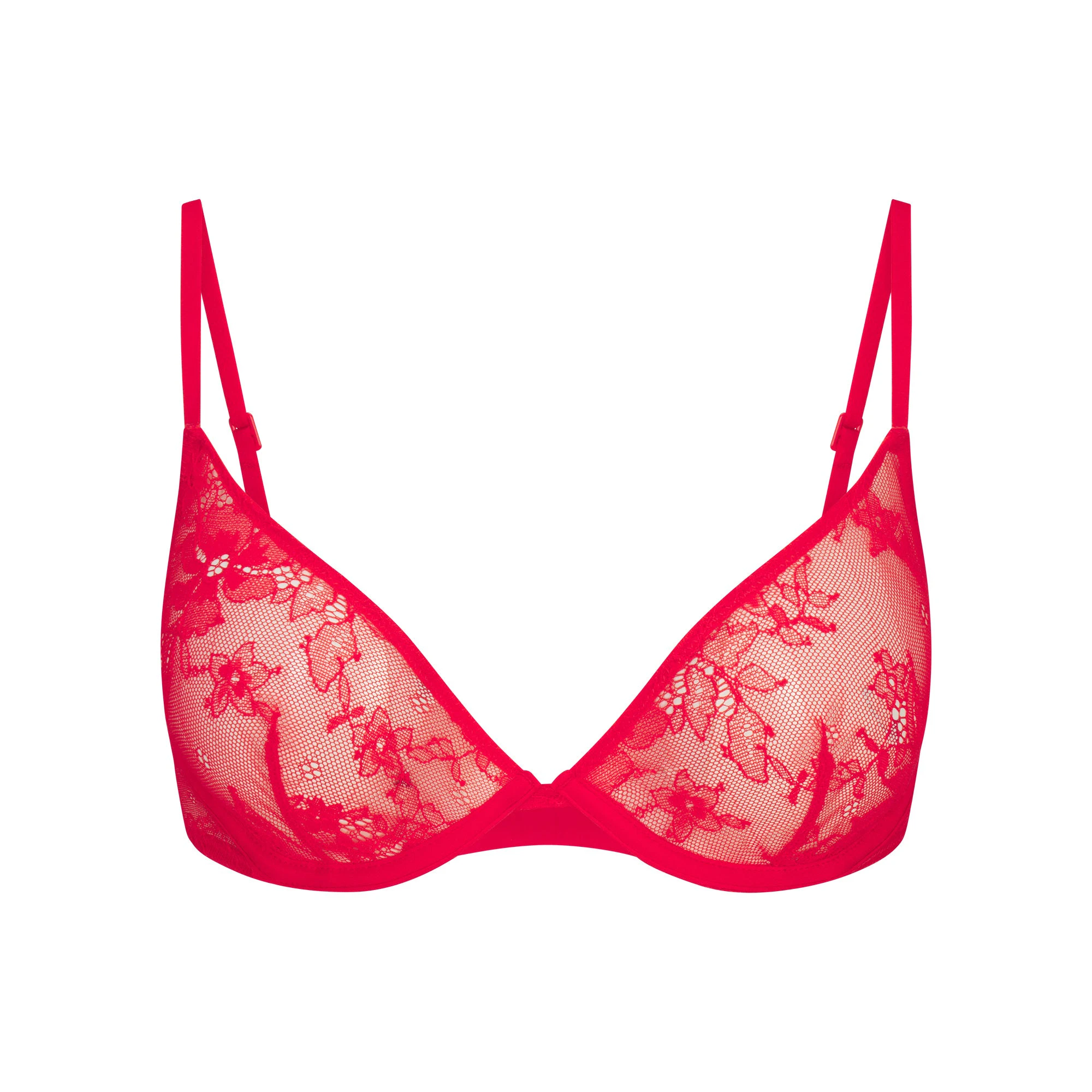 ULTRA FINE LACE UNLINED SCOOP BRA | RUBY FLAT ON A WHITE BACKGROUND | FLT