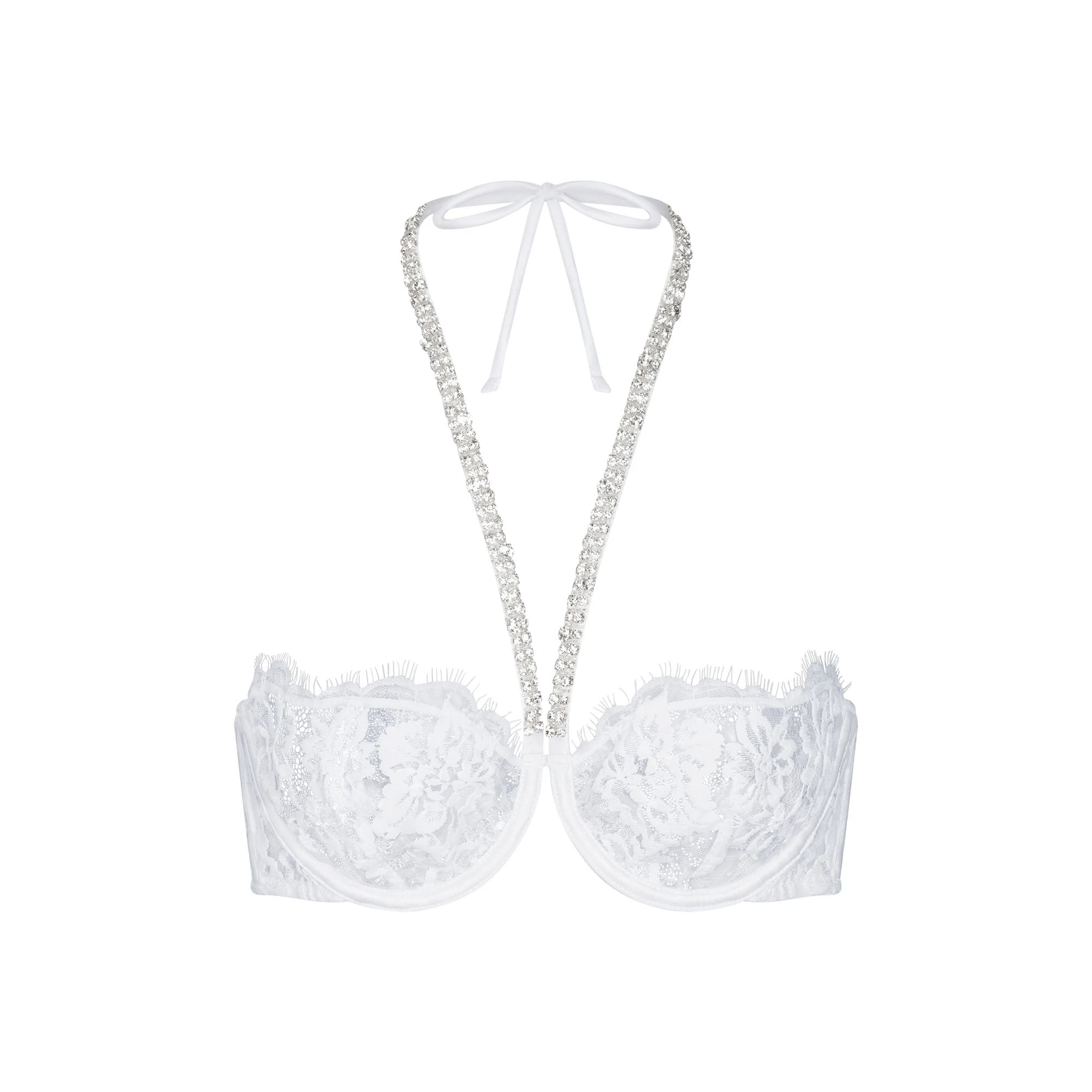SKIMS LACE UNLINED HALTER BRA | SNOW FLAT ON A WHITE BACKGROUND | FLT