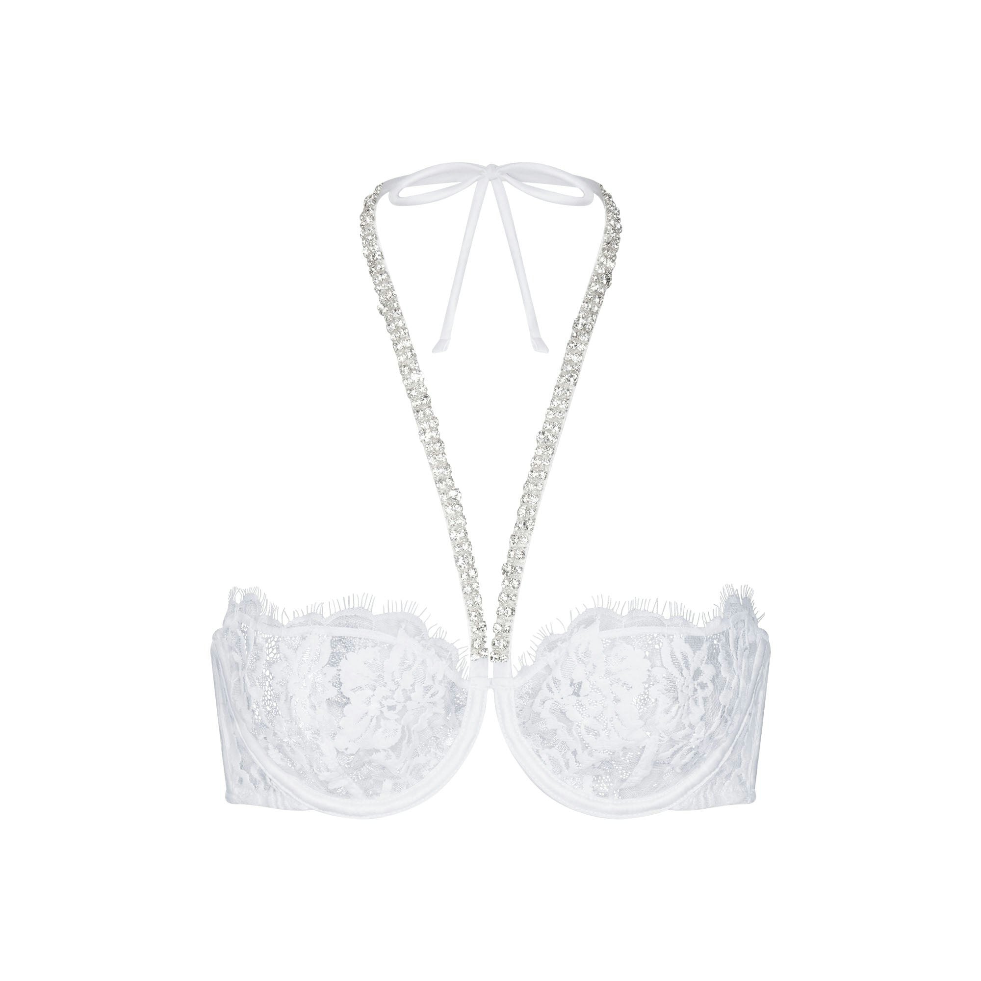 SKIMS LACE UNLINED HALTER BRA | SNOW FLAT ON A WHITE BACKGROUND | FLT
