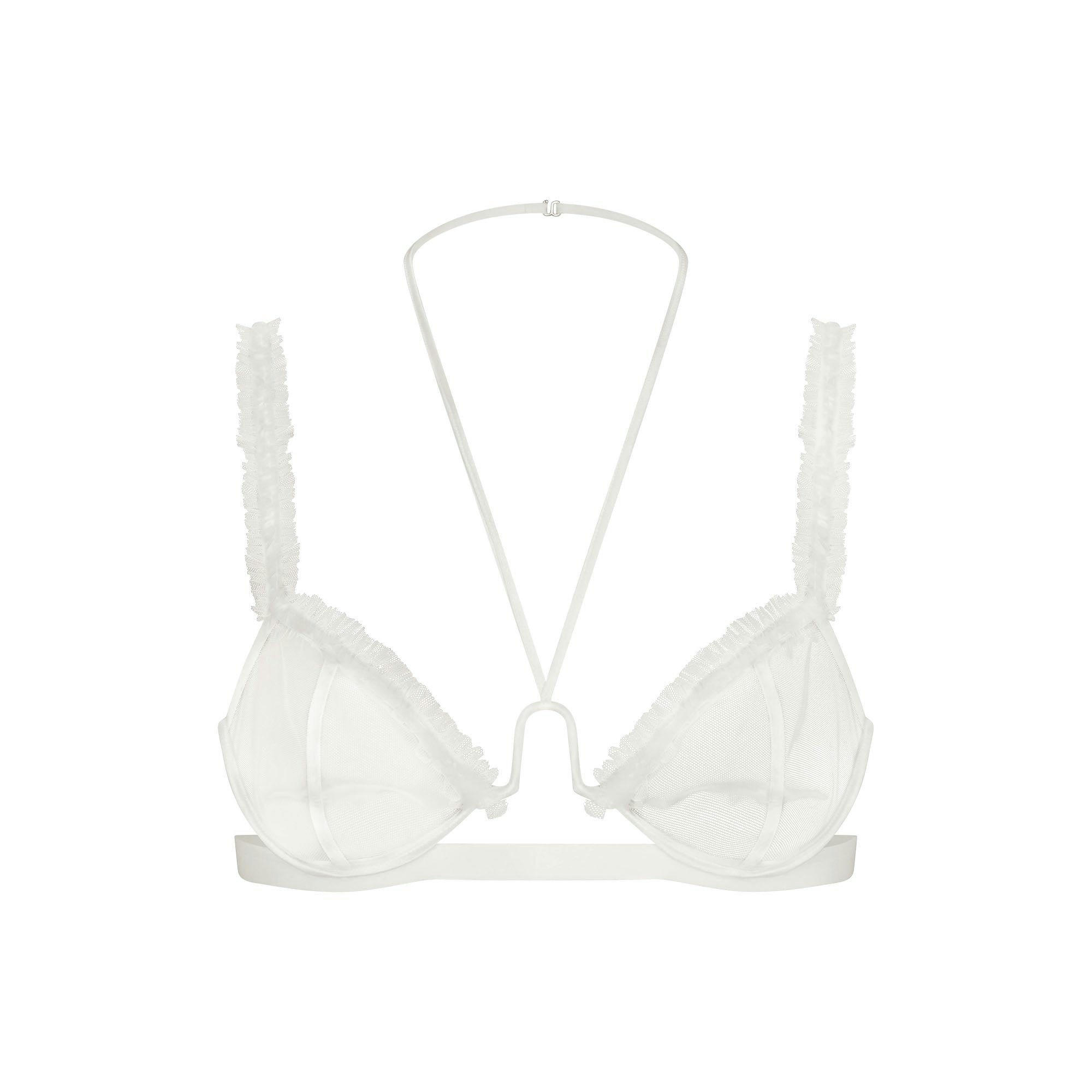 ULTRA FINE MESH RUFFLE BRA | IVORY LAYS FLAT ON A WHITE BACKGROUND | FLT 