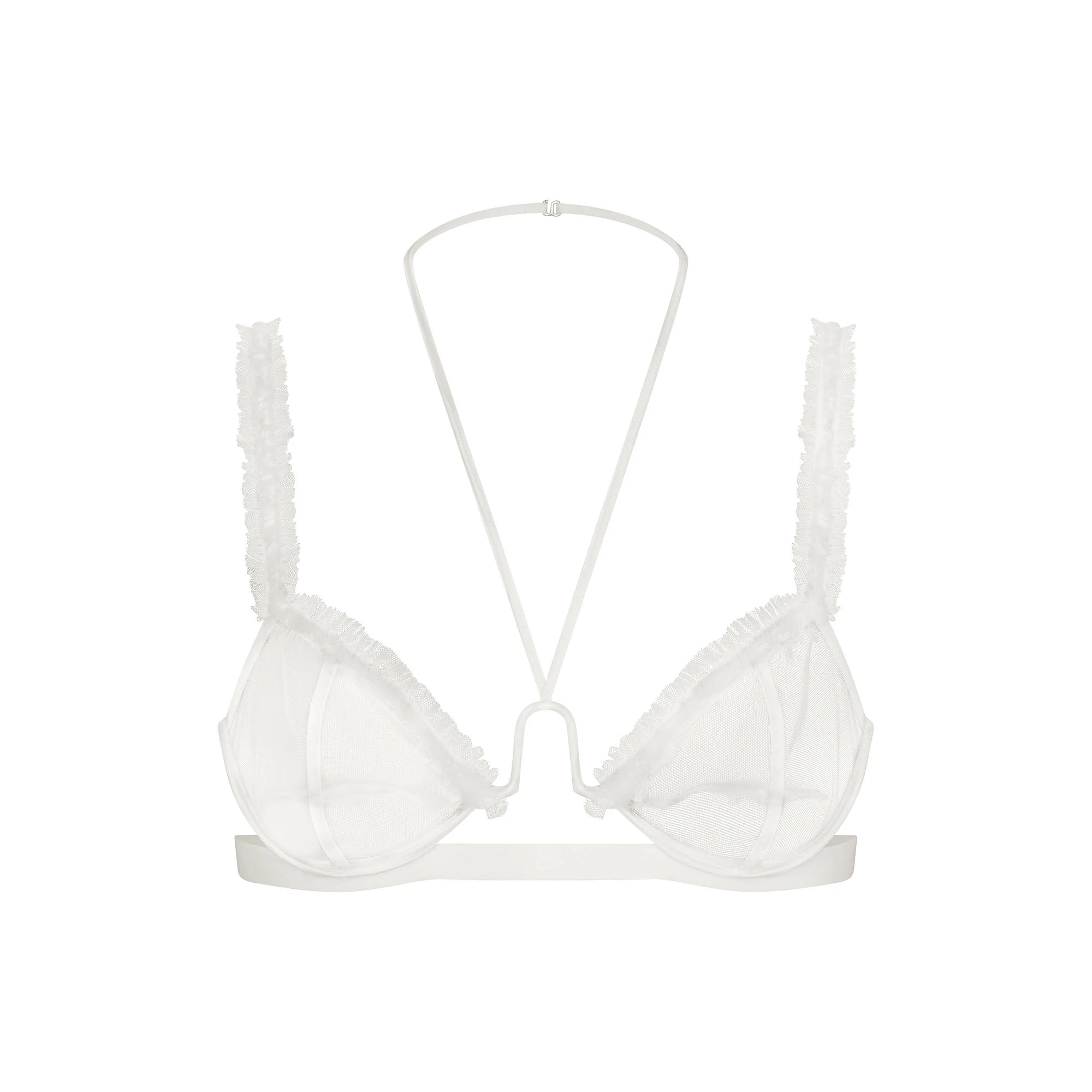 ULTRA FINE MESH RUFFLE BRA | IVORY LAYS FLAT ON A WHITE BACKGROUND | FLT
