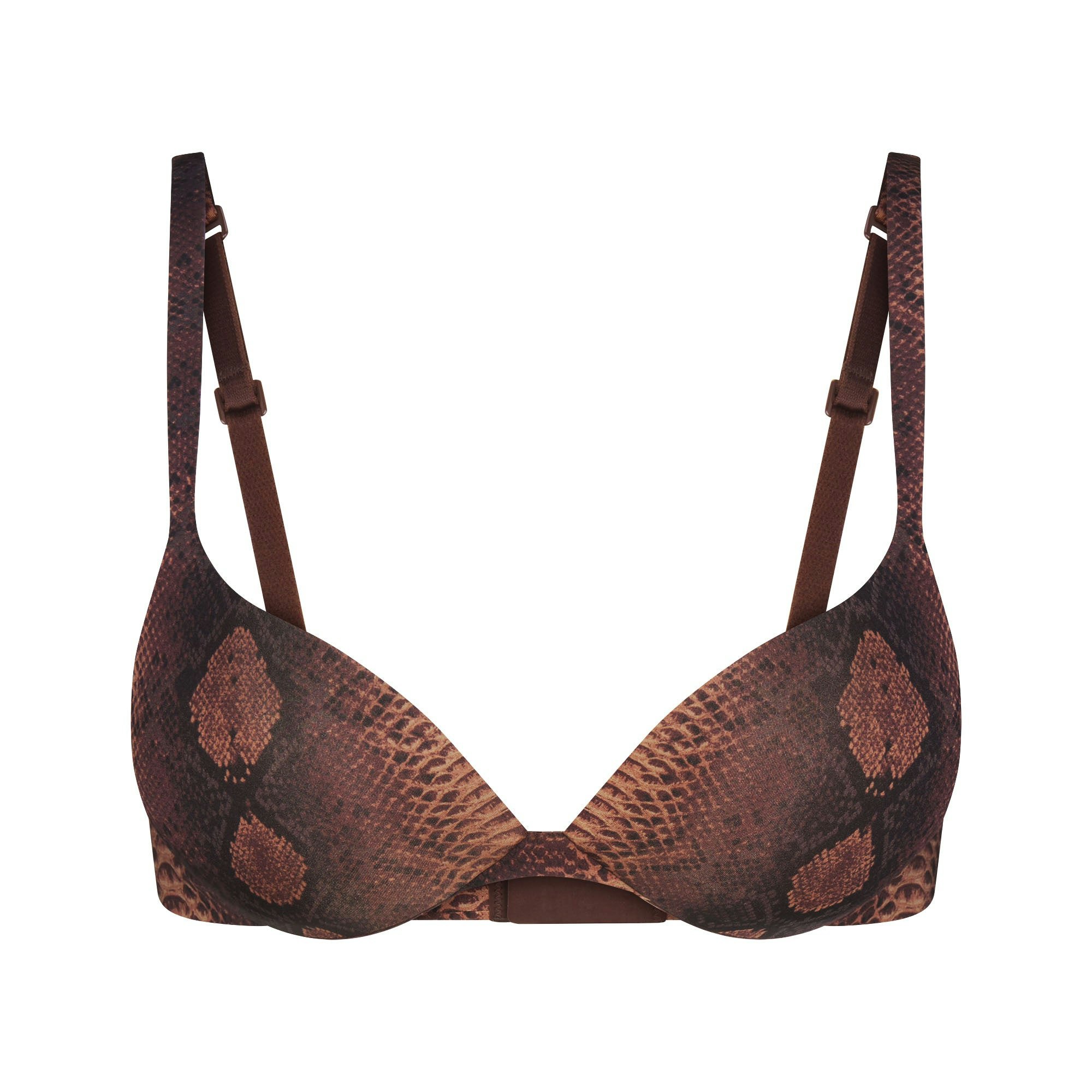 SKIMS ULTIMATE BRA TEARDROP PUSH-UP BRA | ESPRESSO SNAKESKIN PRINT (PLUNGE BRAS) FLAT ON A WHITE BACKGROUND | FLT