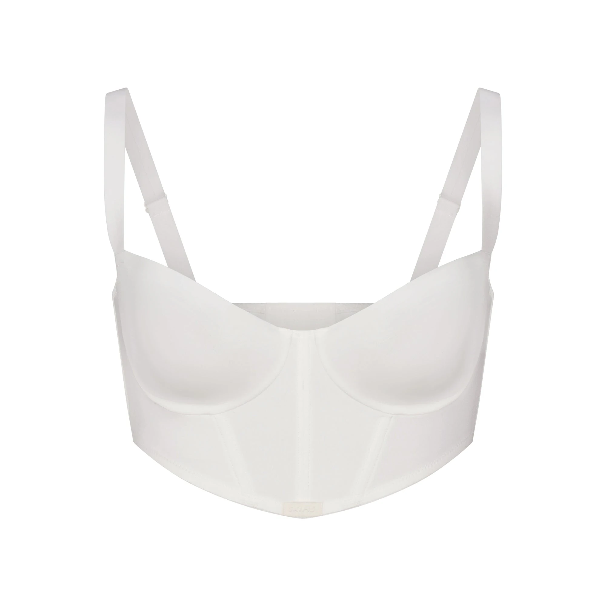 SKIMS LOGO SHINE BALCONETTE CORSET BRA | MARBLE (BALCONETTE BRAS) LAYS FLAT ON A WHITE BACKGROUND | FLT