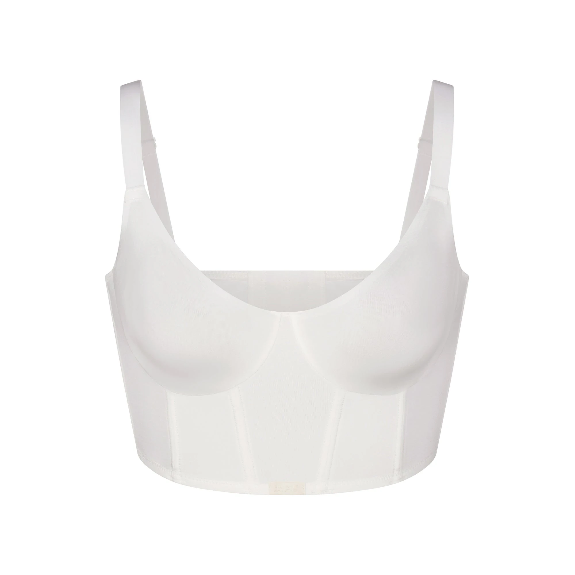 SKIMS LOGO SHINE DEMI CORSET BRA | MARBLE (CAMIS, BRAS) LAYS FLAT ON A WHITE BACKGROUND | FLT