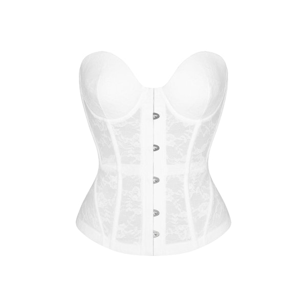 SKIMS ROMANCE LACE CORSET | SNOW (CORSET TOPS) LAYS FLAT ON A WHITE BACKGROUND | FLT