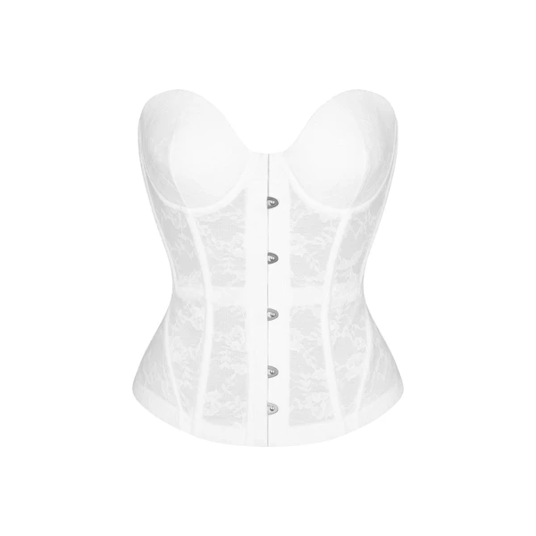 SKIMS ROMANCE LACE CORSET | SNOW (CORSET TOPS) LAYS FLAT ON A WHITE BACKGROUND | FLT