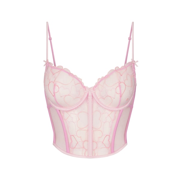 EMBROIDERED TULLE CROPPED CORSET | BUBBLE GUM FLAT ON A WHITE BACKGROUND | FLT