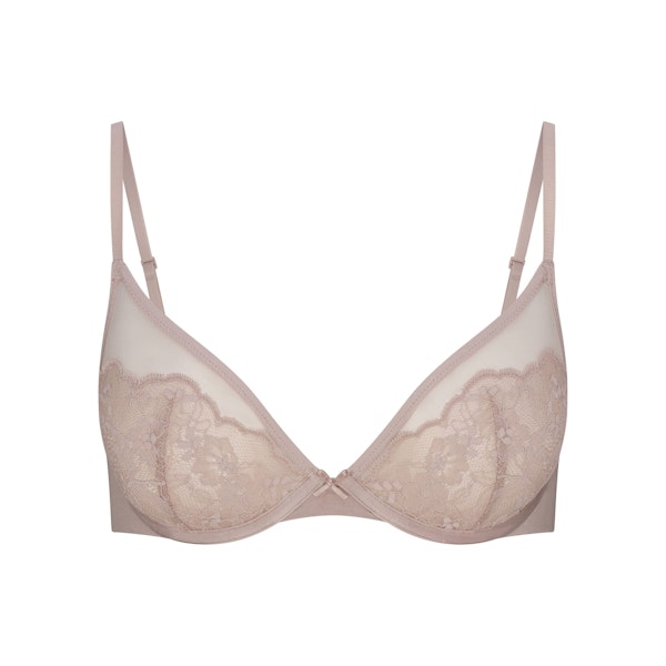 SKIMS LACE UNLINED DEMI BRA | FAWN FLAT ON A WHITE BACKGROUND | FLT