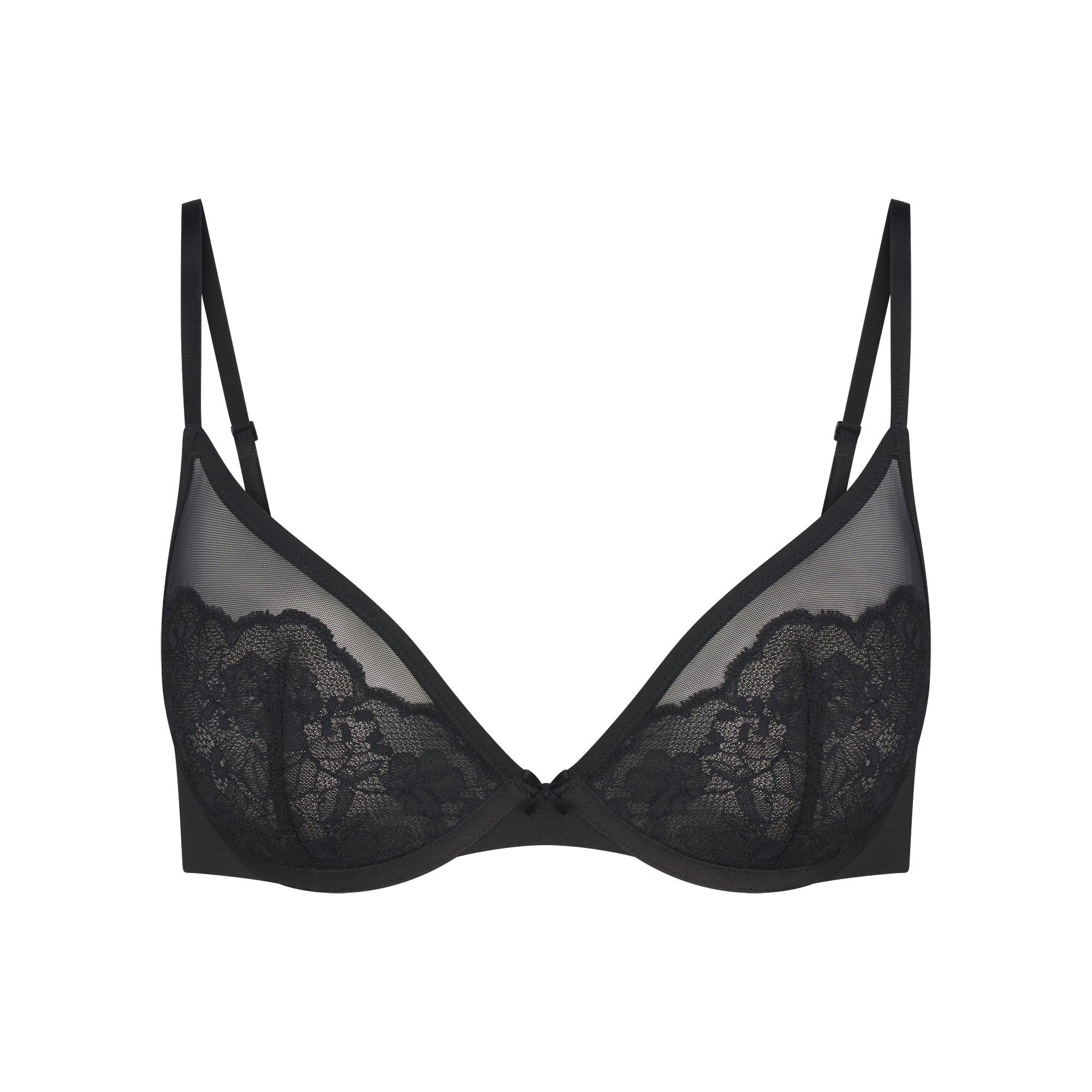 SKIMS LACE UNLINED DEMI BRA | ONYX FLAT ON A WHITE BACKGROUND | FLT
