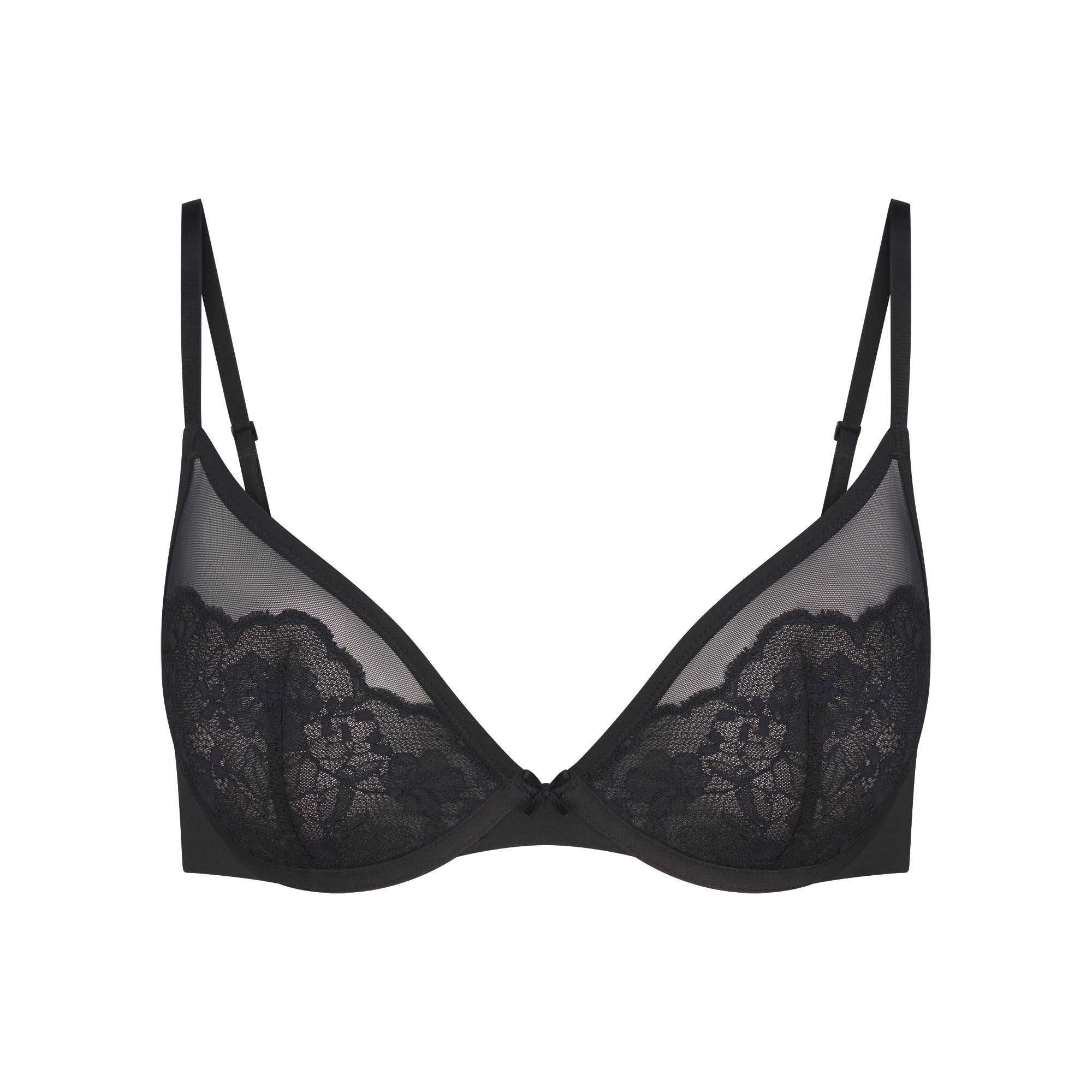 SKIMS LACE UNLINED DEMI BRA | ONYX FLAT ON A WHITE BACKGROUND | FLT